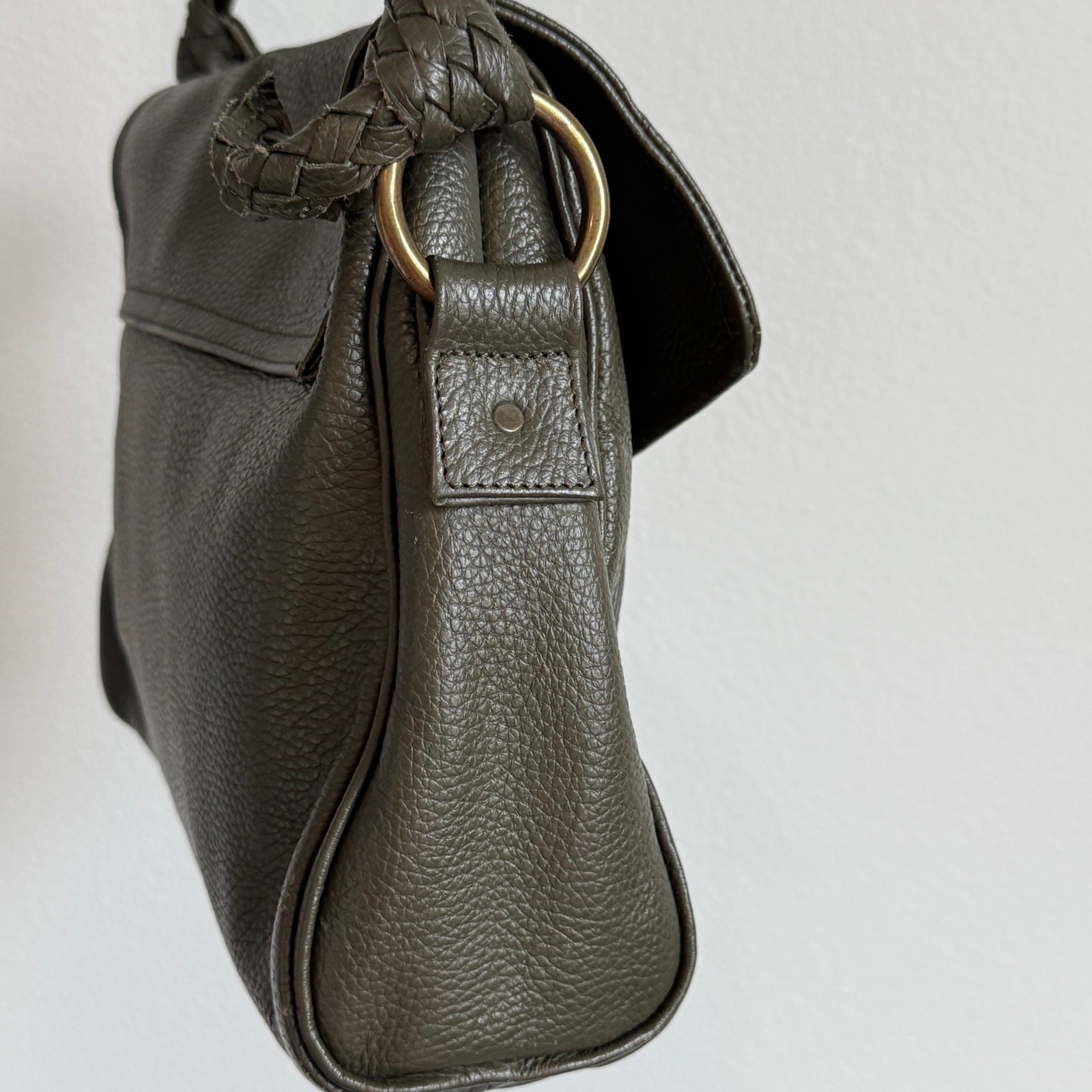 Falor Pebbled Leather Shoulder Bag Artisanal Green Boho Braided Strap Made Italy