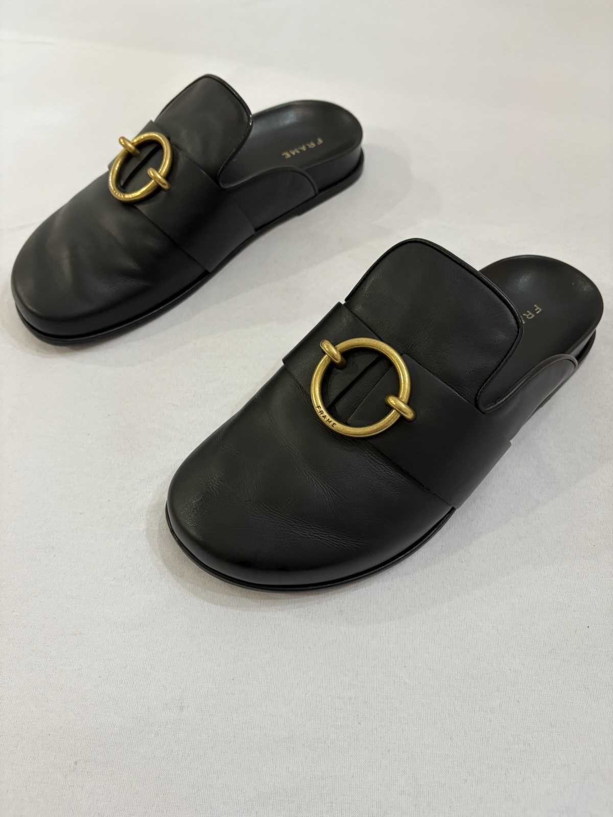 $398 FRAME Spain Le Aspen Black Leather Flats Mules Clogs Shoes Sz 38.5 EU 8 US