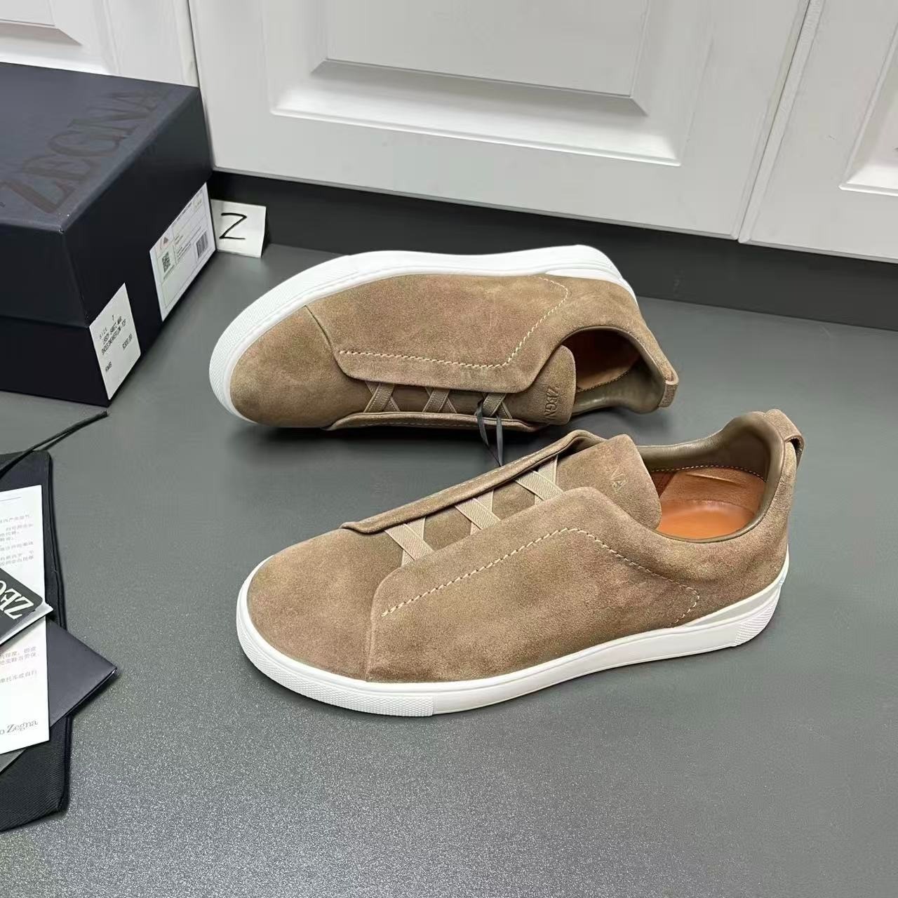 ZEGNA Triple Stitch Men’s Brown Suede Slip-On Sneakers White Sole Size 6-12