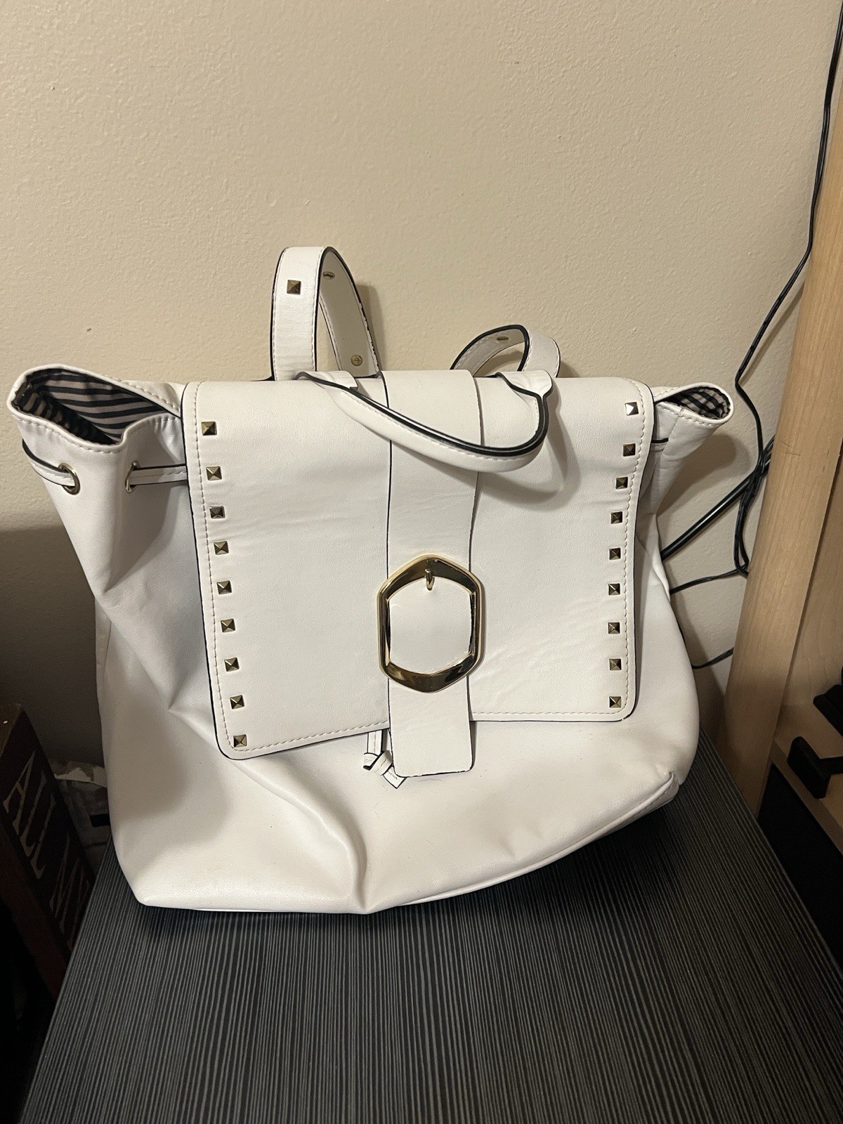 Gianni Bini White Studded Backpack Purse Gold Hardware Buckle Striped Lined