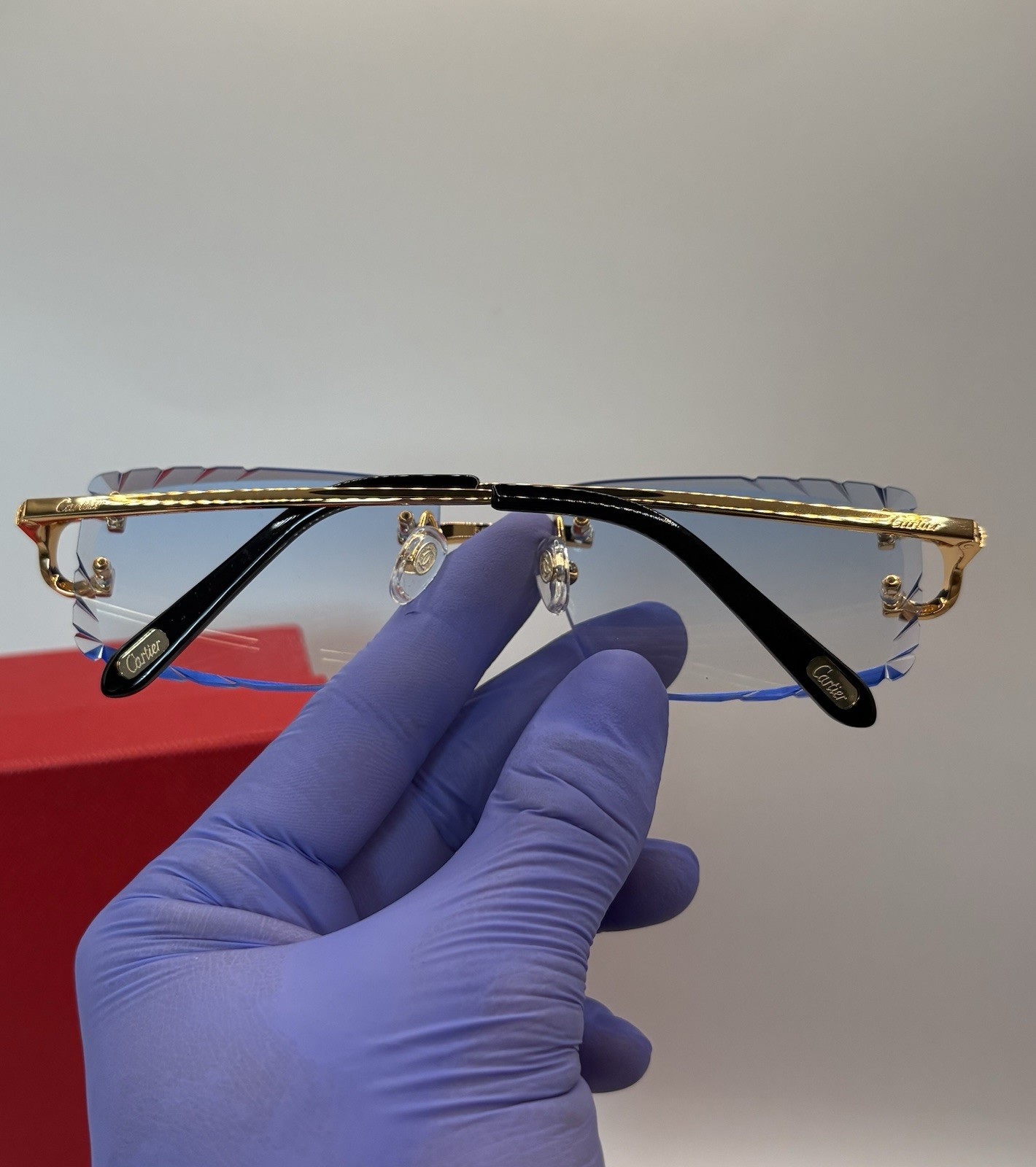 Cartier Big C Diamond Cut Frameless BLUE Lens Gold Frame