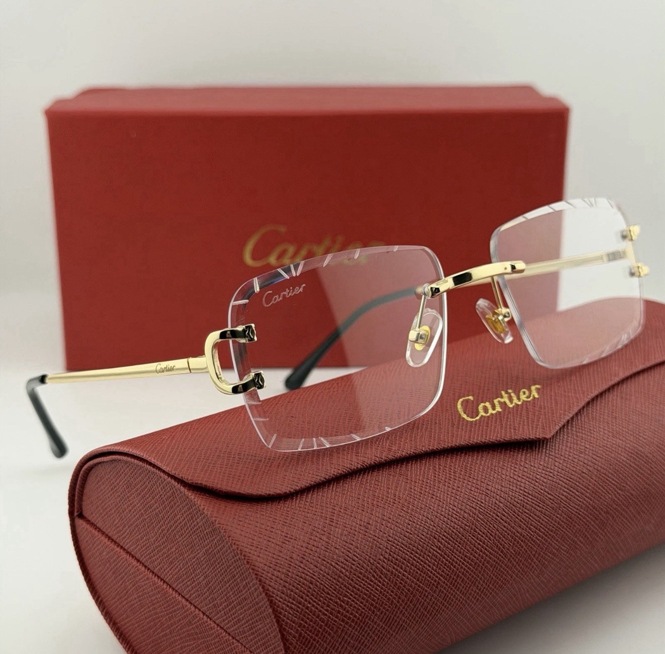 Cartier Big C Diamond Cut Clear Frameless Lens Gold Frame