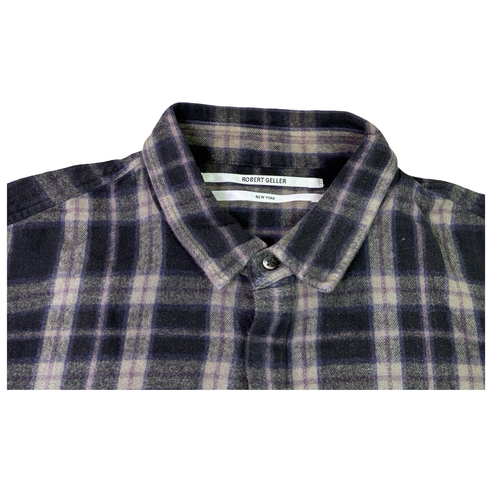 Robert Geller Shirt Men’s 52 Black Purple Plaid Lightweight Flannel Long Front