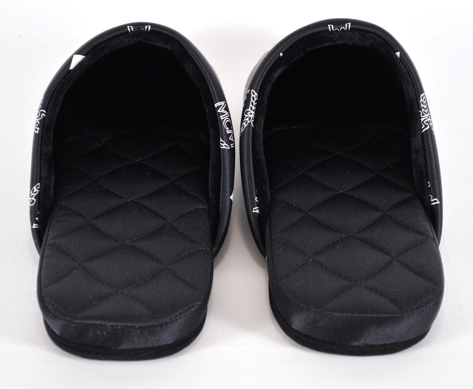 New MCM Men’s Black Silk Visetos Cushioned Slides Room Slippers Size M/L