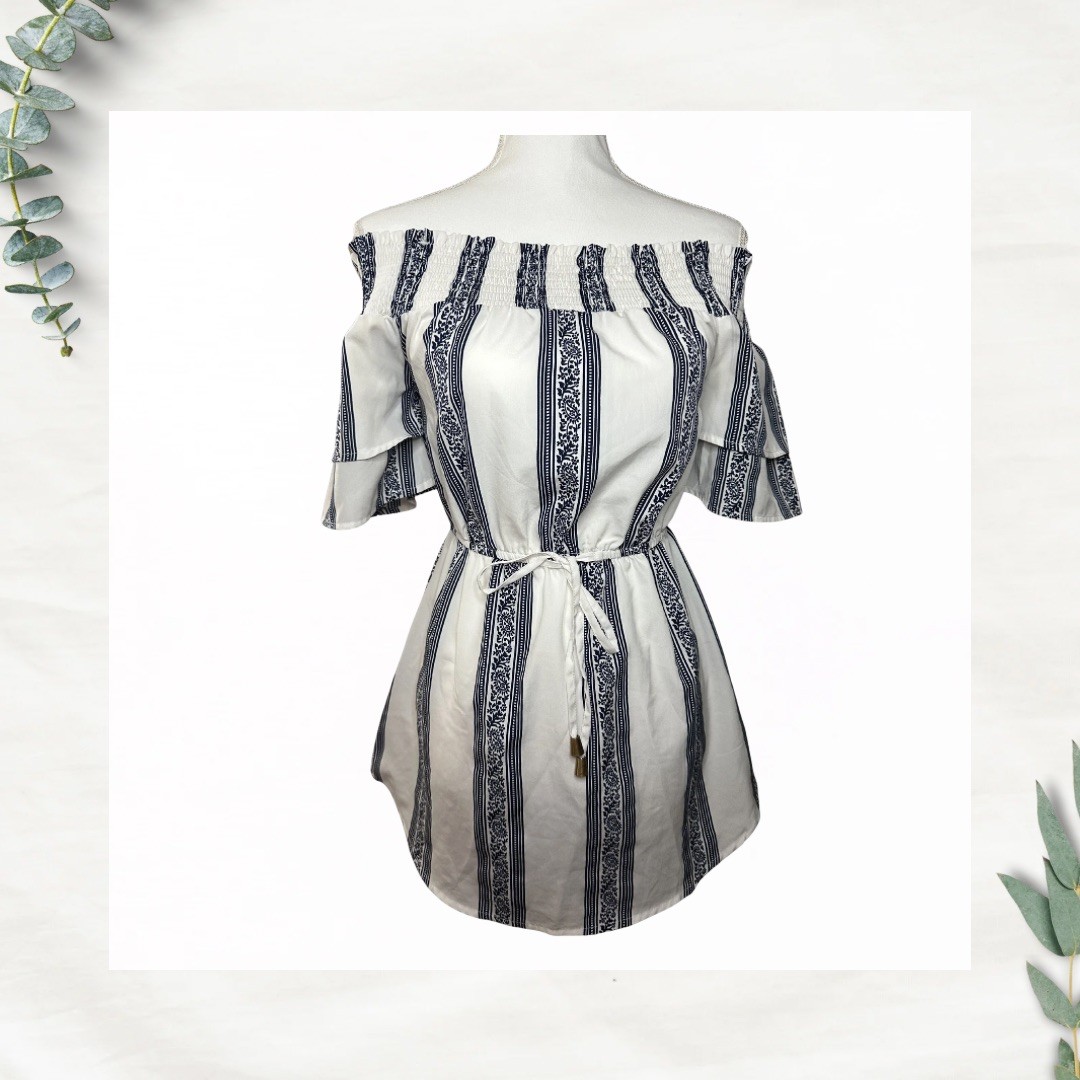 Hint of Blush Off Shoulder Striped Dress White Navy Tie Waist | Women’s Small