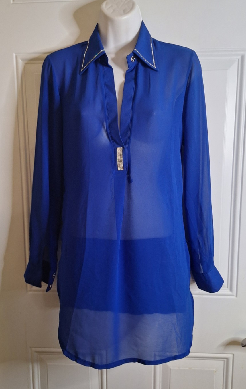 Blue Long-Sleeve Sheer Tunic Top with Rhinestone Trim Dress Up or Down