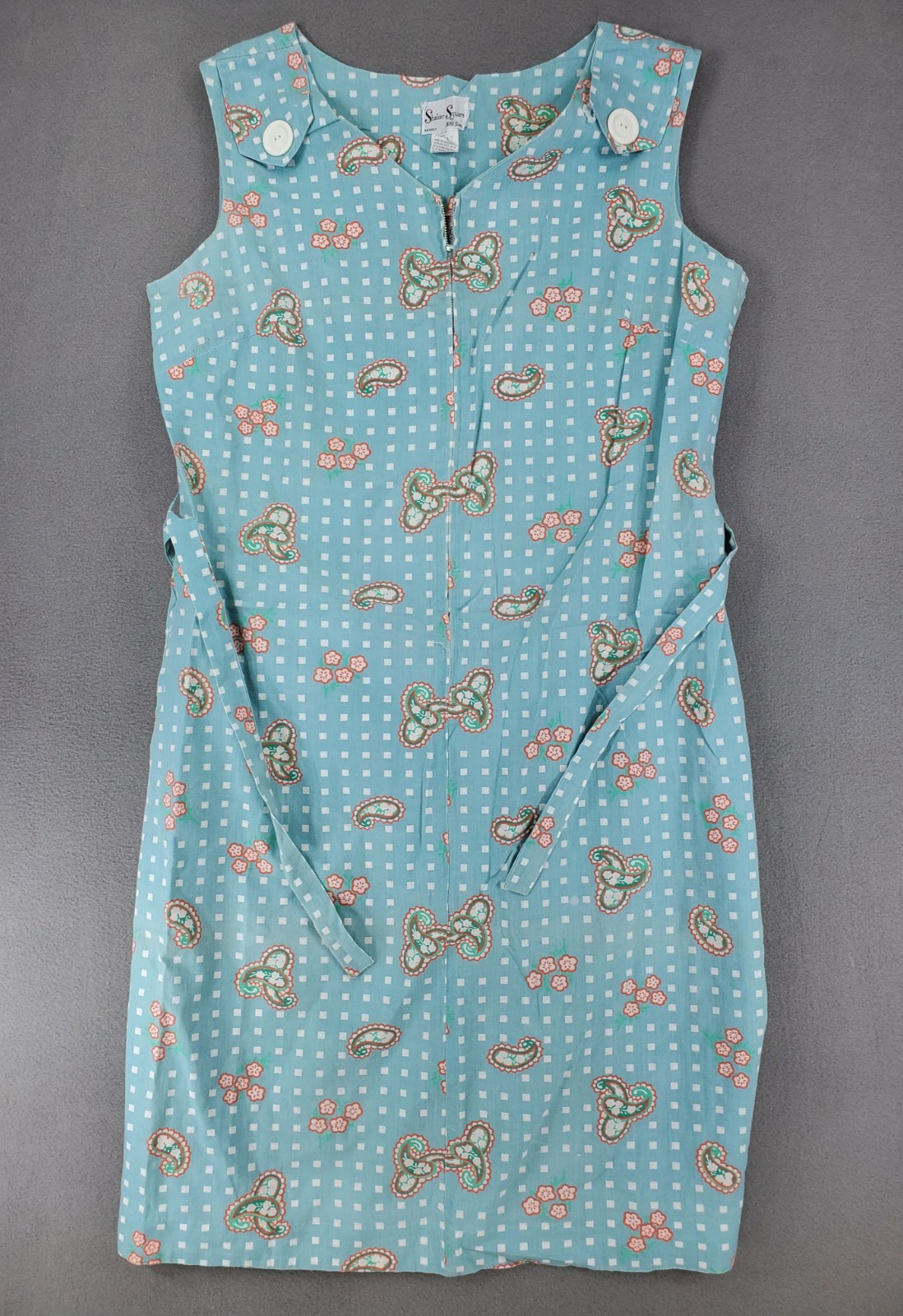 Vintage Dress Blue 18 Paisley 60s Shaker Square Bill Sims Retro House Zip Belted