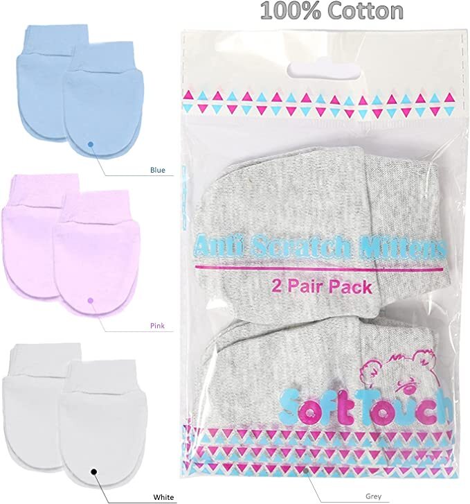 4 Pair Baby Scratch Mittens Mitts Pink Blue White Newborn 100% Cotton Soft Touch