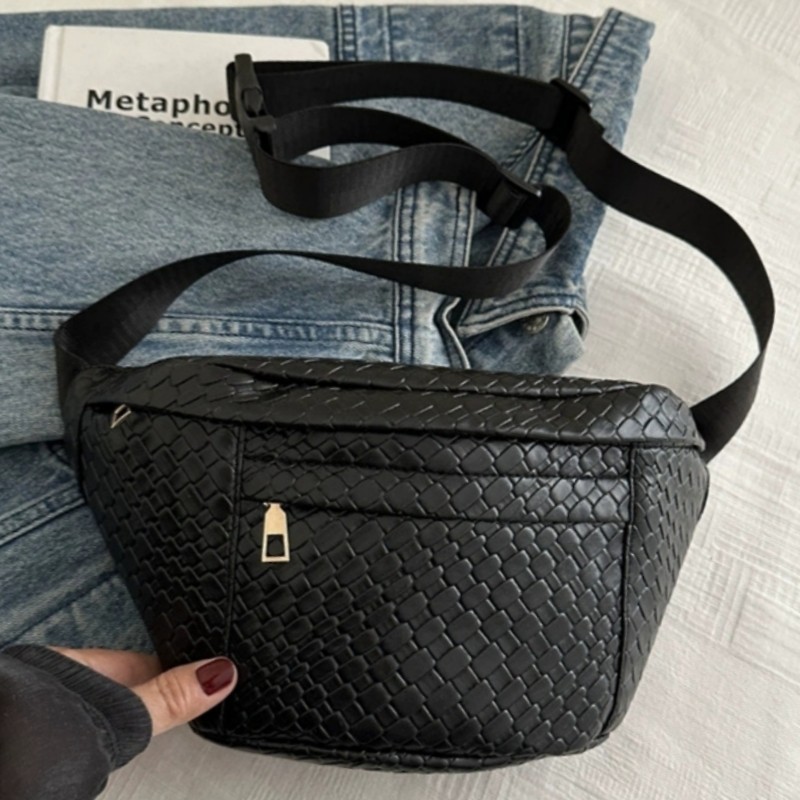 Black PU Woven Mesh Texture Crossbody Bag Shoulder Bag Chest Bag Waist Bag
