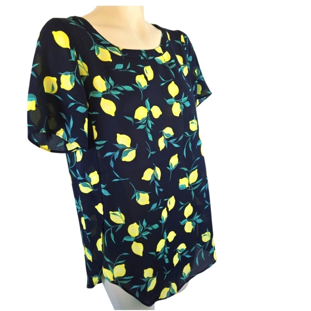 BANANA REPUBLIC Lemon Print Short Sleeve Blouse Navy Yellow Flowy X Small New