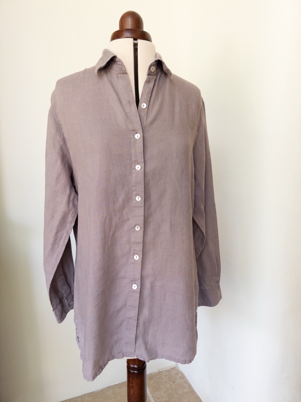 Boden 100% Linen Longline Shirt Size 10 Mauve Grey Purple Relaxed Soft Washed