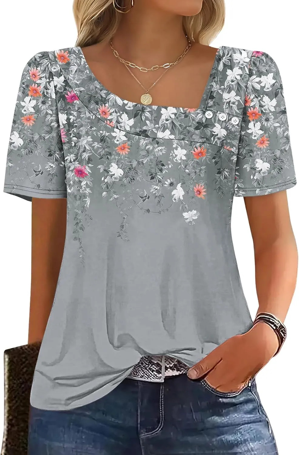 WIHOLL Womens Square Neck Short Sleeve Blouse Summer Casual Top Shirt