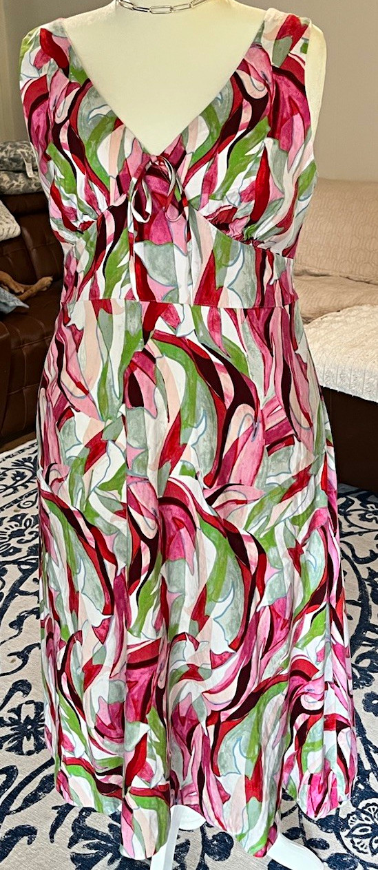NEW I.N.C Pink Green Abstract Woven V-Neck Sleeveless Tie Pockets Lined Midi L