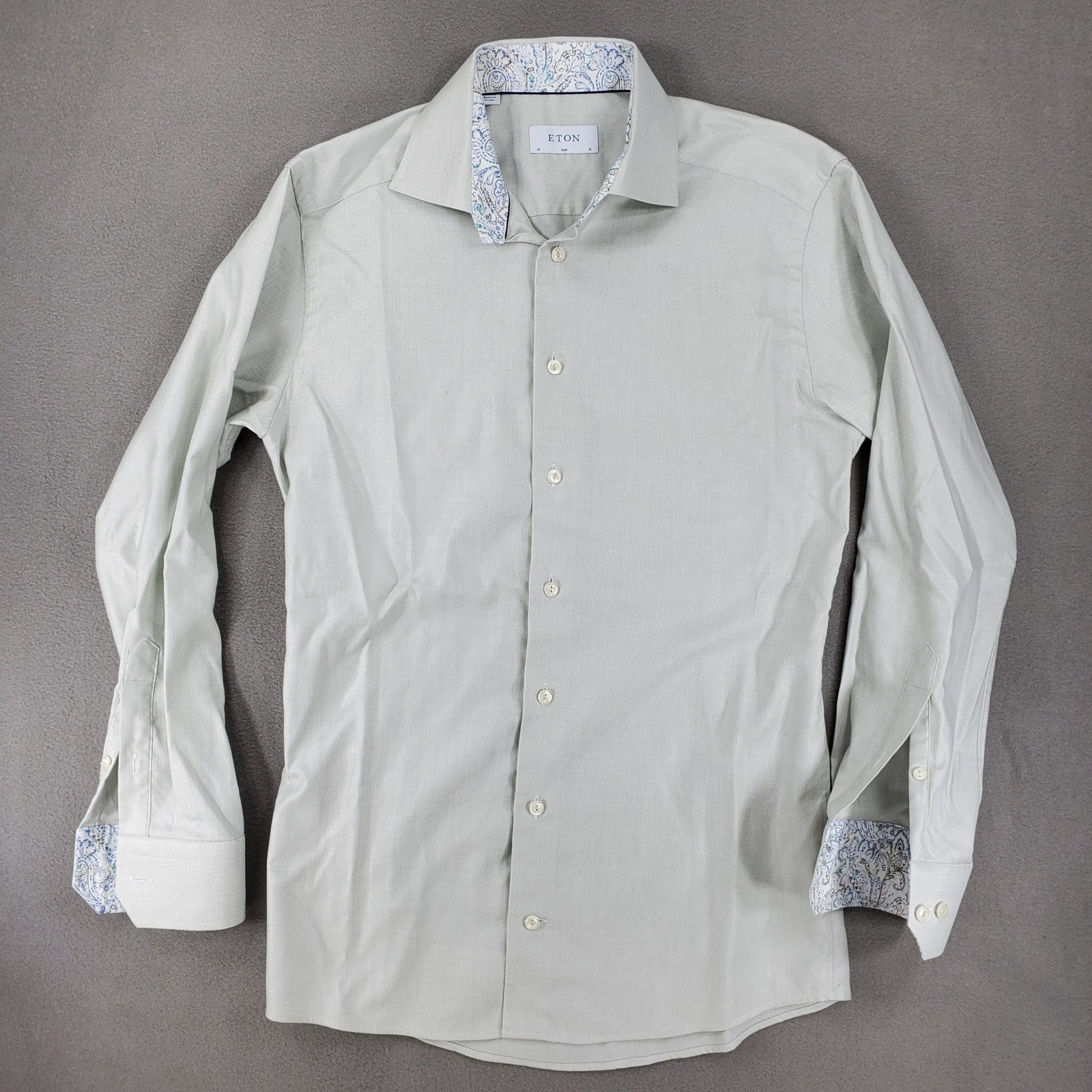 Eton Button Up Shirt Men 15/38 Light Green Slim Fit Paisley Contrast Long Sleeve