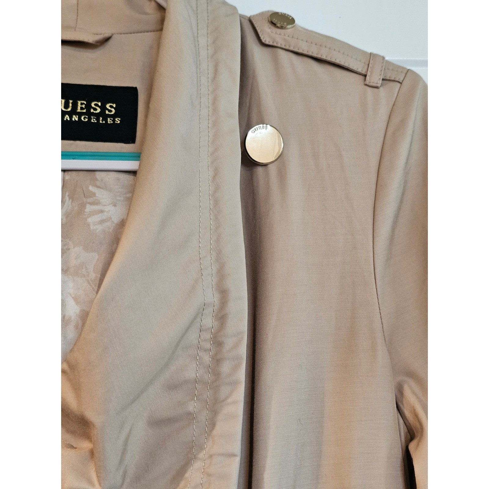 GUESS Los Angeles Womens Tan Draped Trench Jacket Drawstring Waist Beige Coat