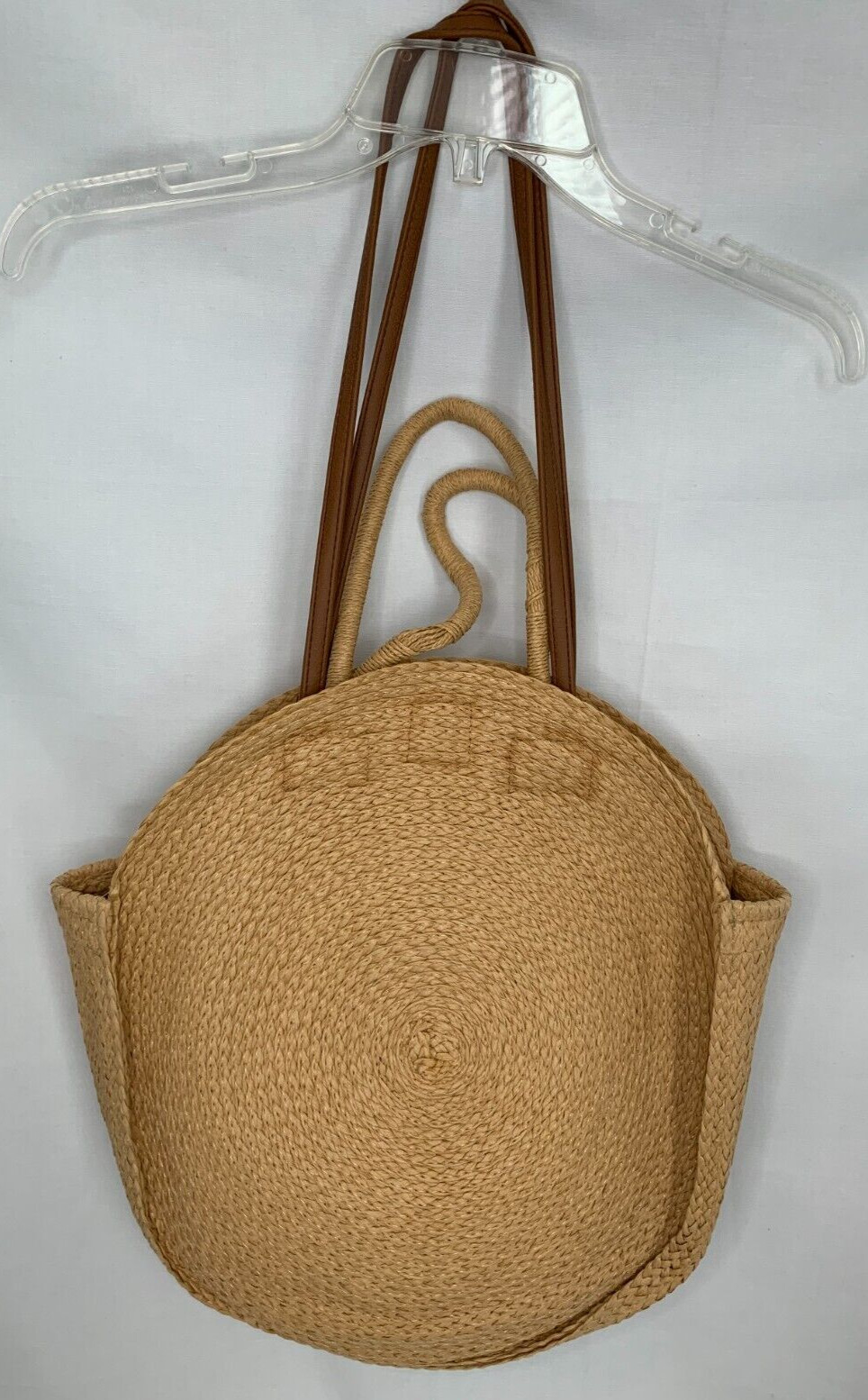Large Jute Tote Straw Woven Circular Round HandBag Shoulder Straps Tan Beach