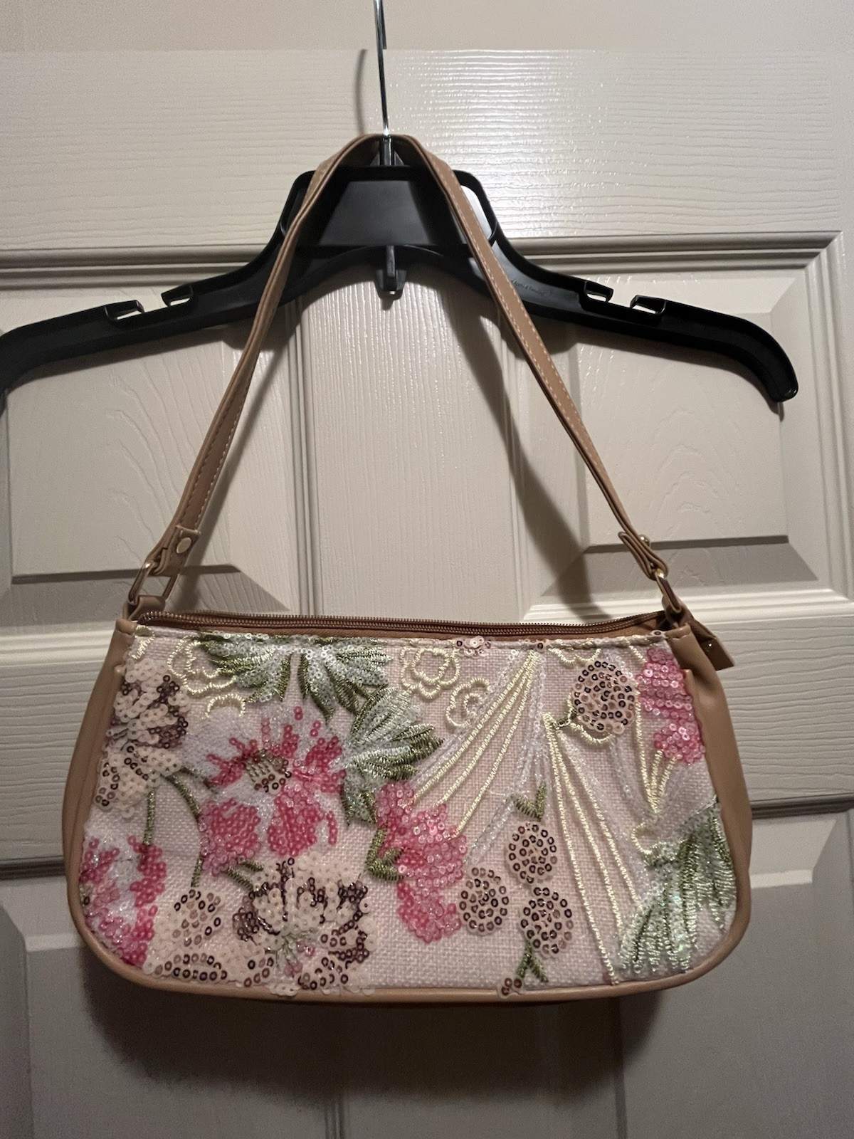 Beige Floral Beaded Sequin Embroidered Shoulder Bag Zip Lined Pockets