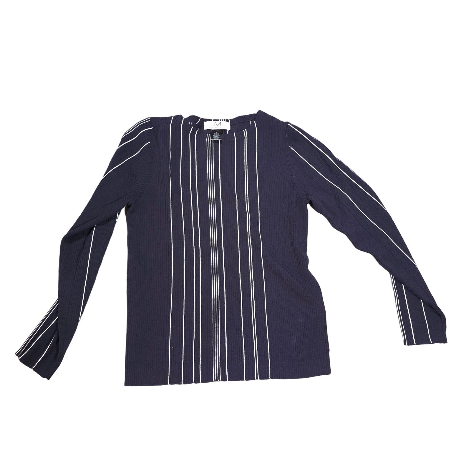 Magaschoni Dark Blue White Striped Knit Sweater Women Size L Rayon Nylon Blend