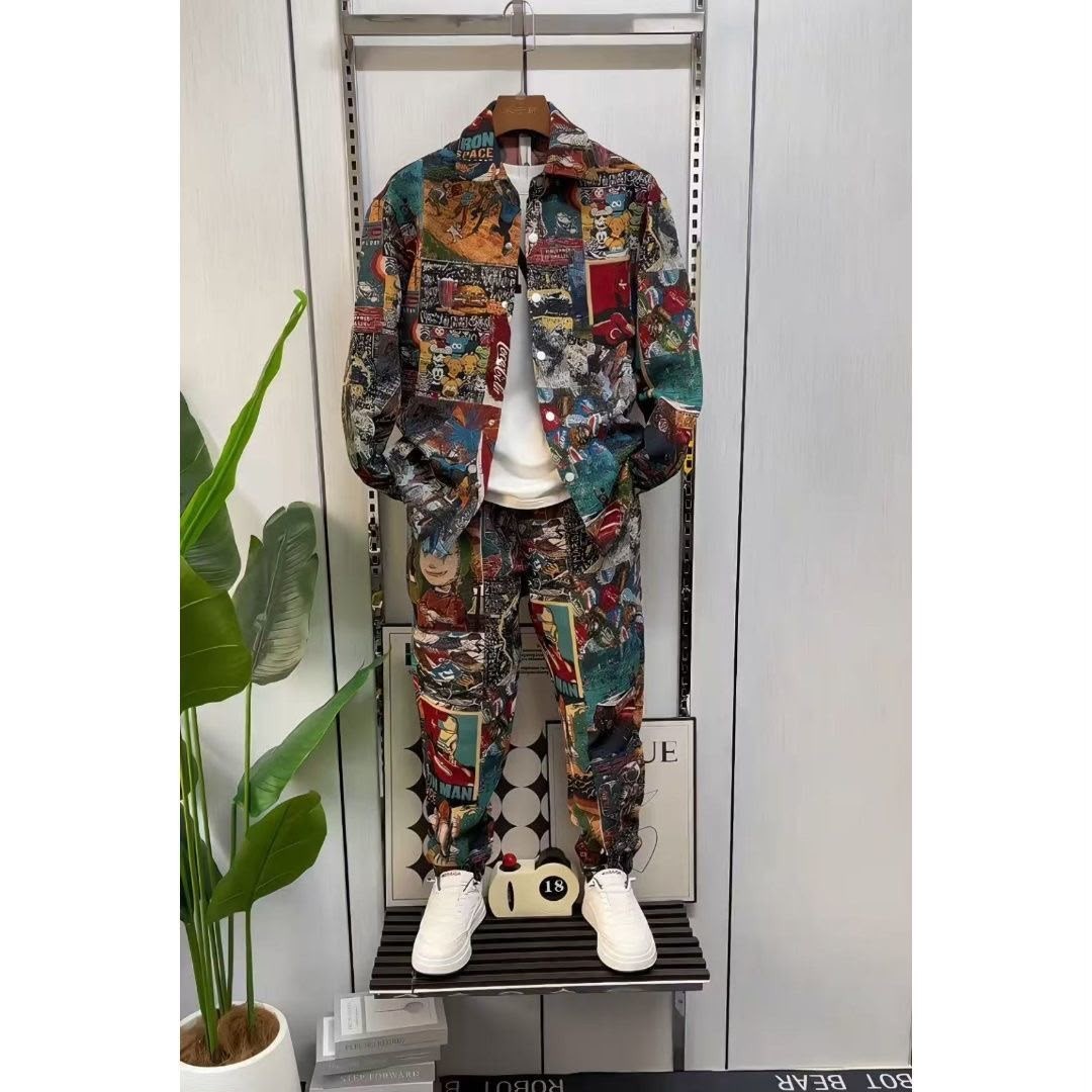 Men Graphic Print Jacquard Tracksuit Set Casual Button Jacket Jogger Pants