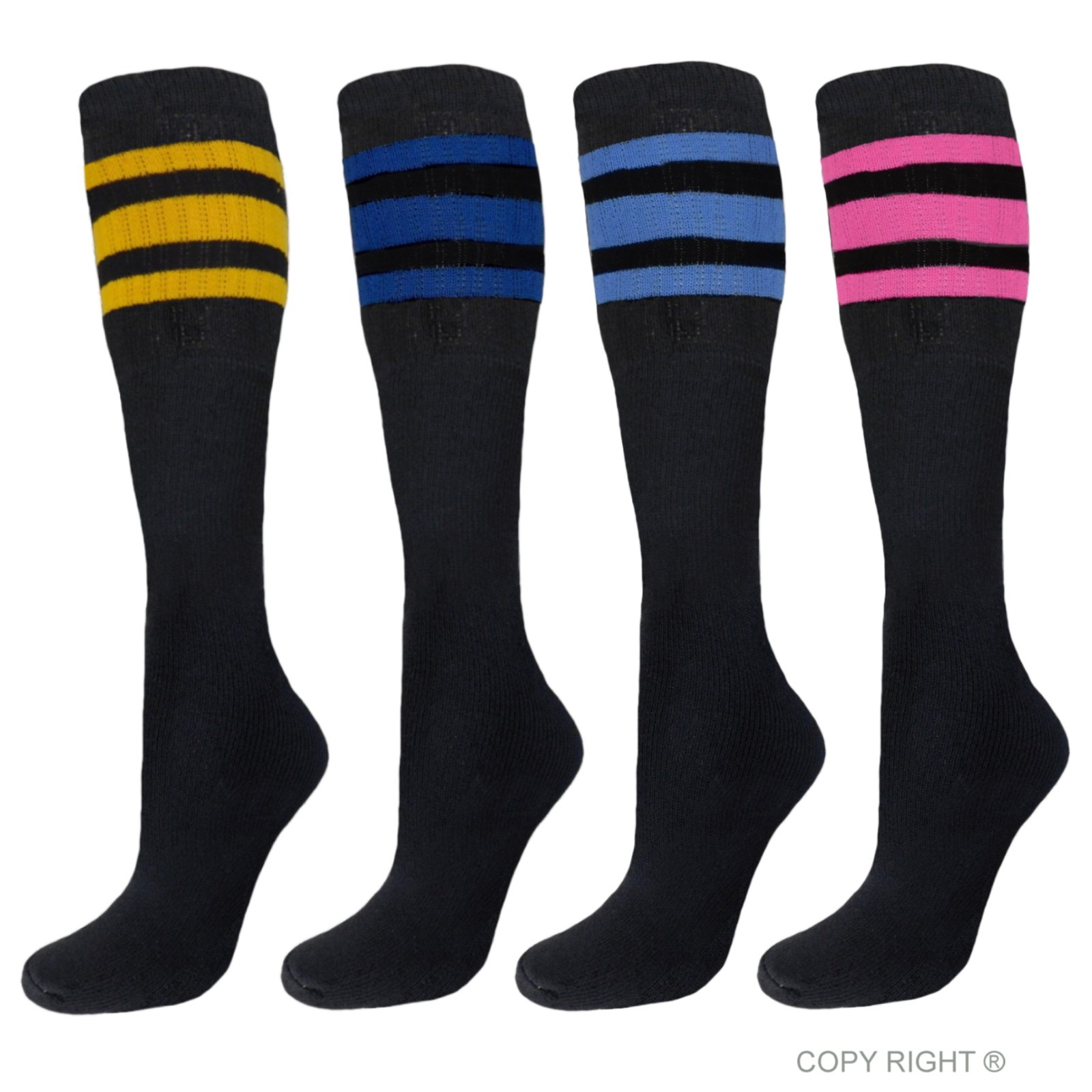 4 PK TUBE SOCKS COTTON 22 INCHES OLD SCHOOL SOCKS BLACK ASSORTED STRIPED COLORS