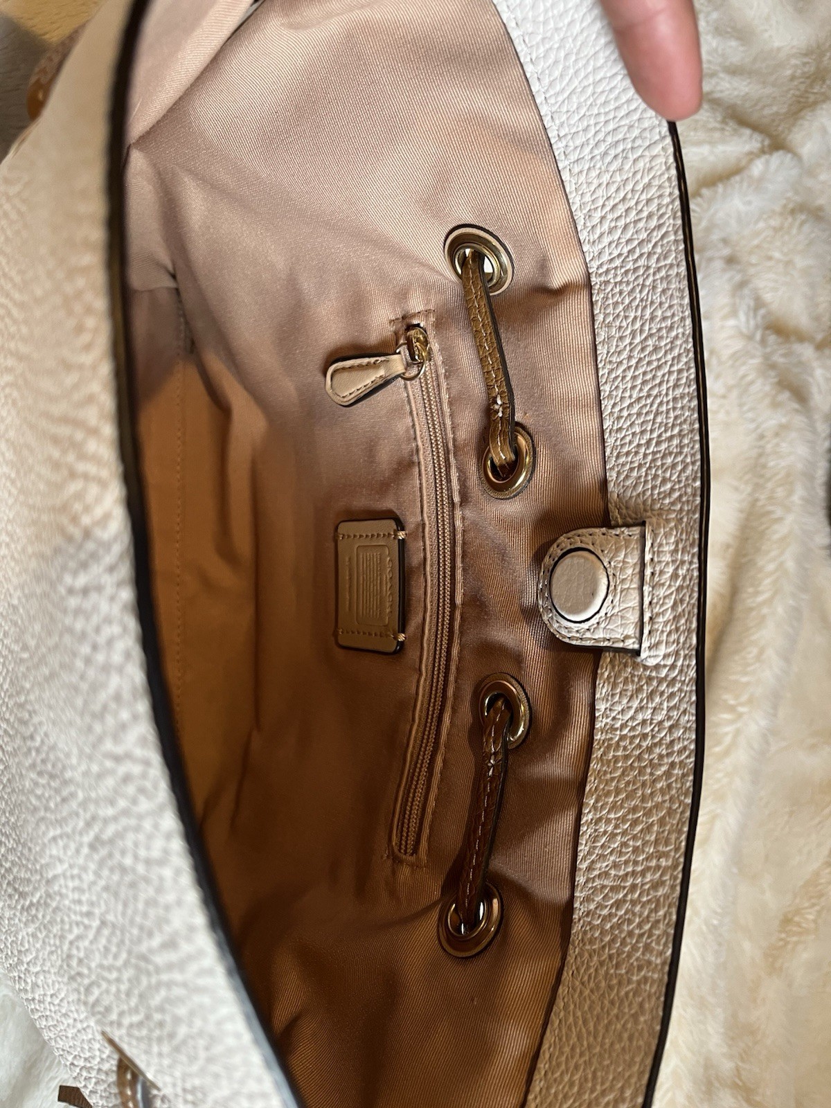 Coach Pebbled Beige Medium Crossbody, Brown Strap, Tassel, Gold Hardware