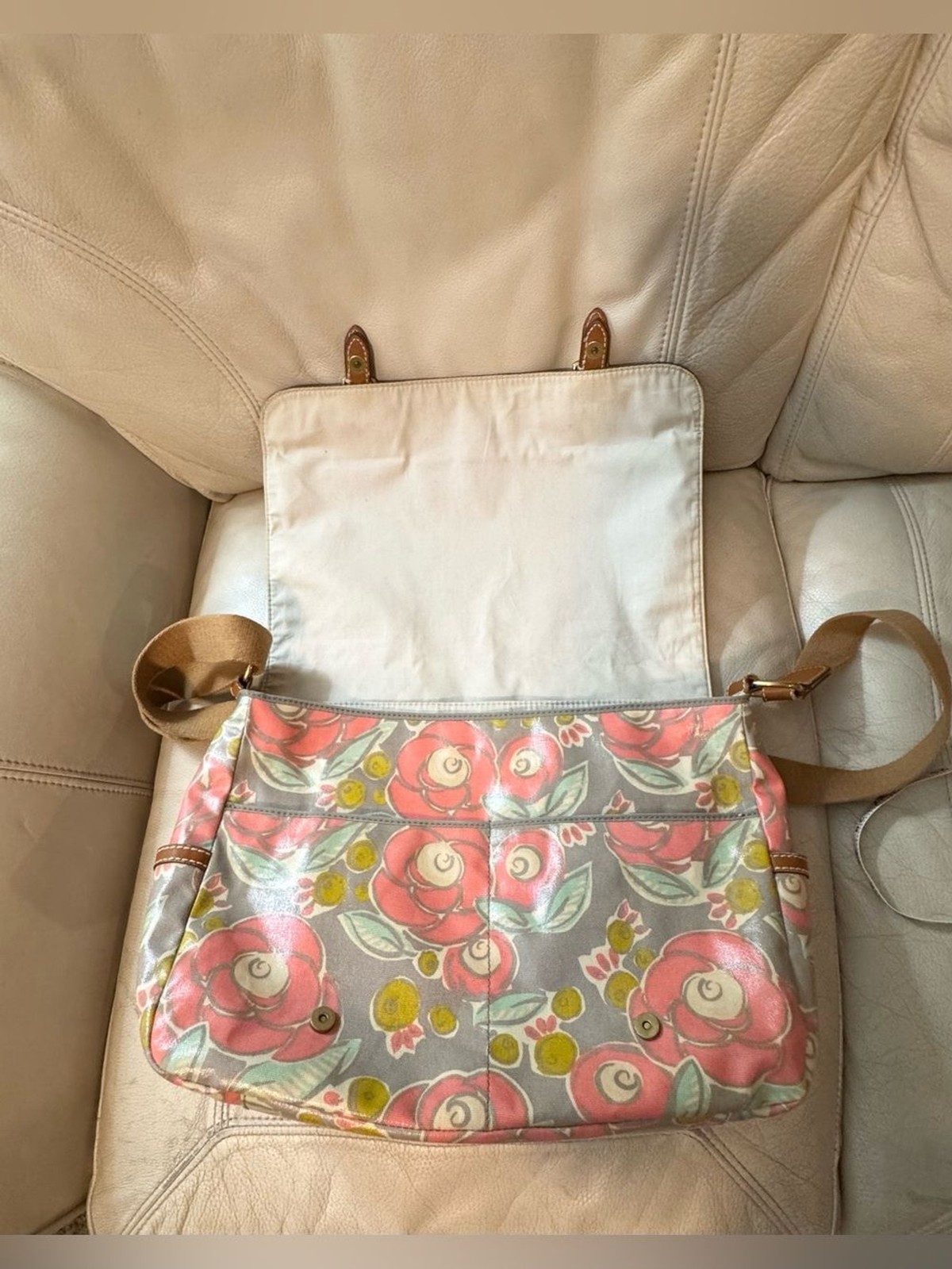Fossil Messenger Bag Crossbody Coated Canvas Leather Trim Floral