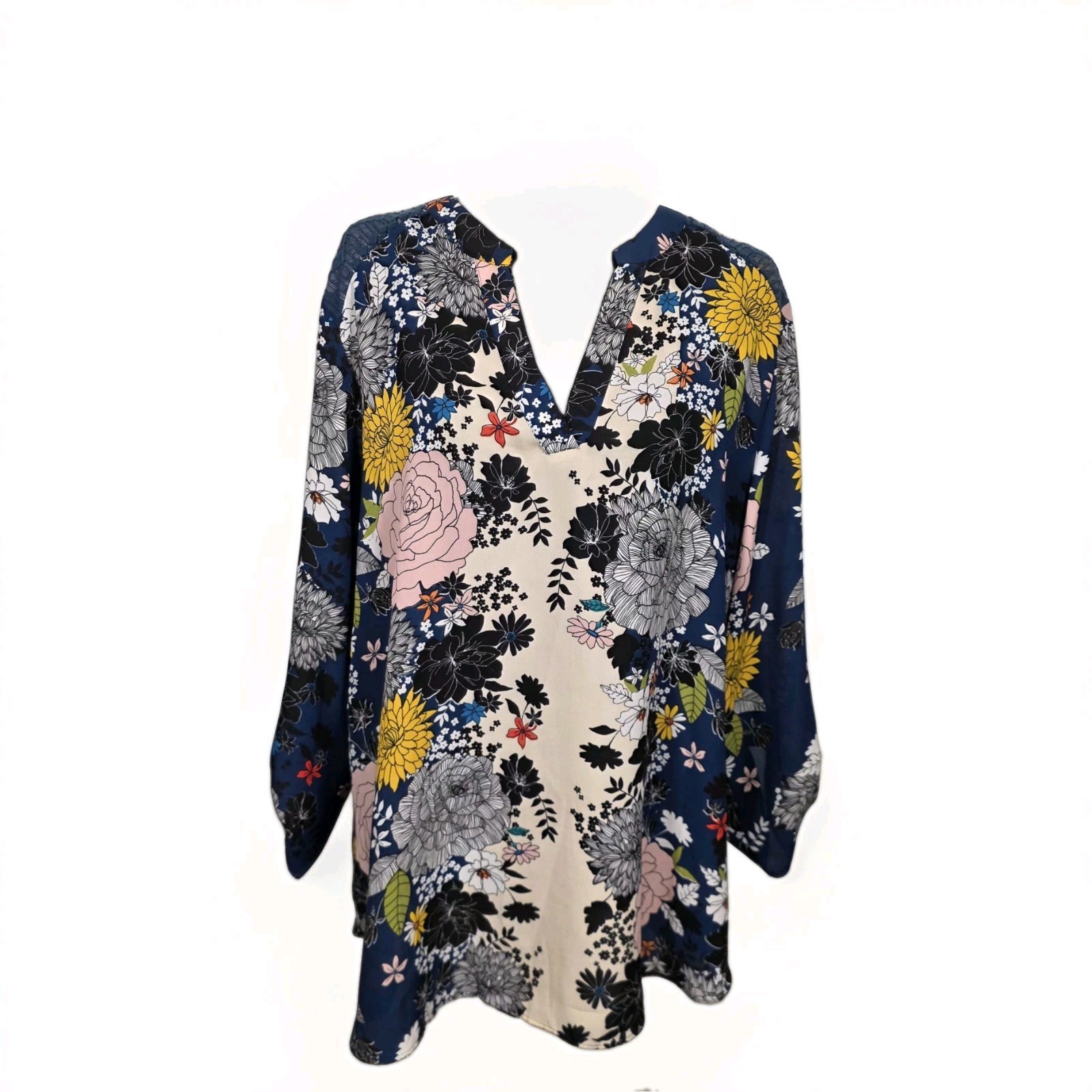 Zac & Rachel Top XL Navy Floral Lace Yoke Boho Tunic Blouse 3/4 Sleeve V-Neck