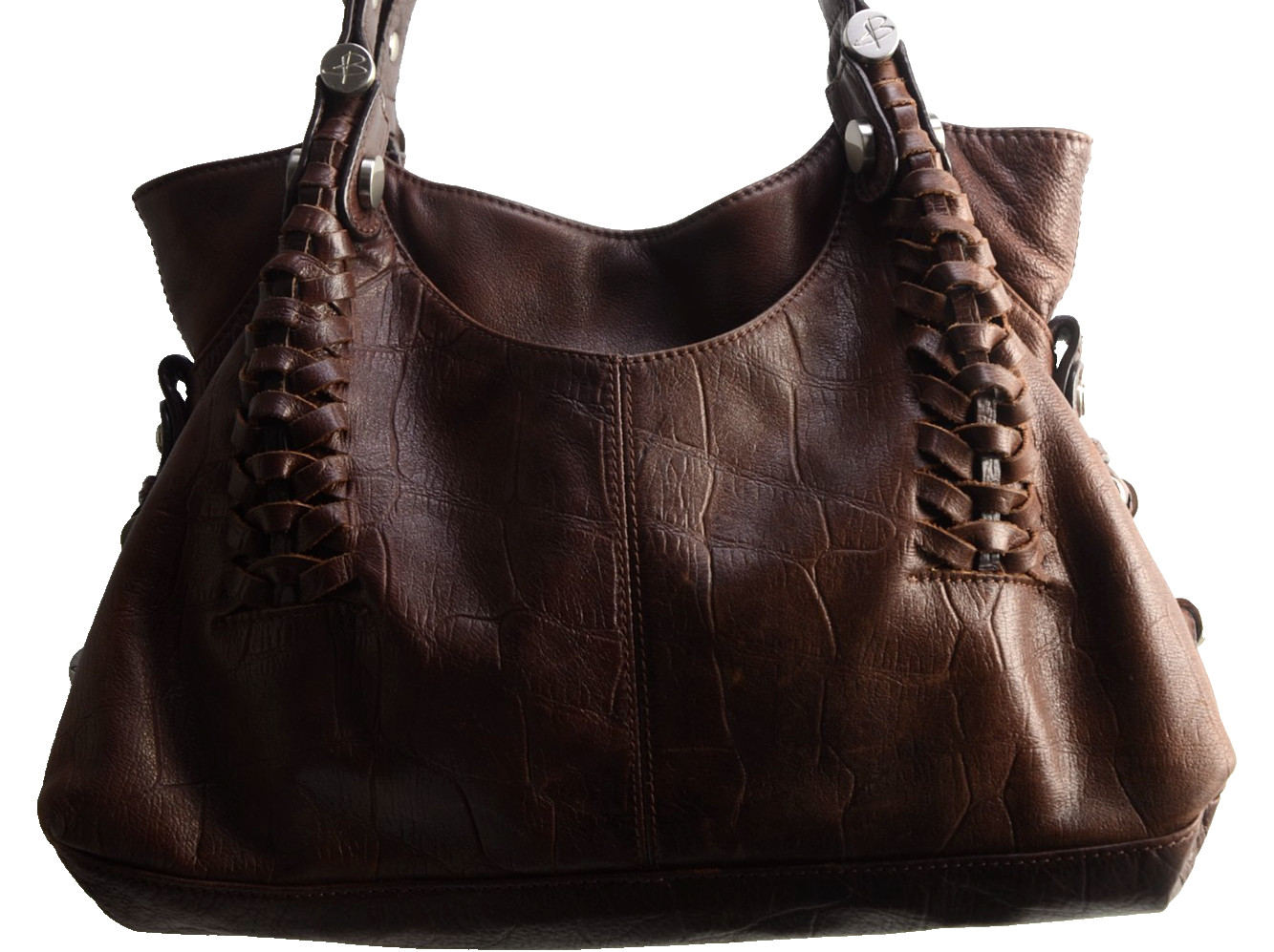 B. MAKOWSKY Brown Croc Embossed Leather Braided Large 14 X 9 Lined Brown Handbag