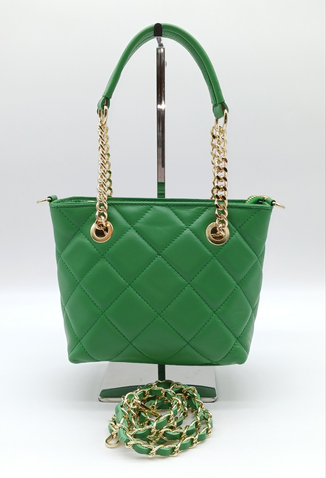 Italian Genuine Leather Small Quilted Tote Crossbody – Made In Italy – Green