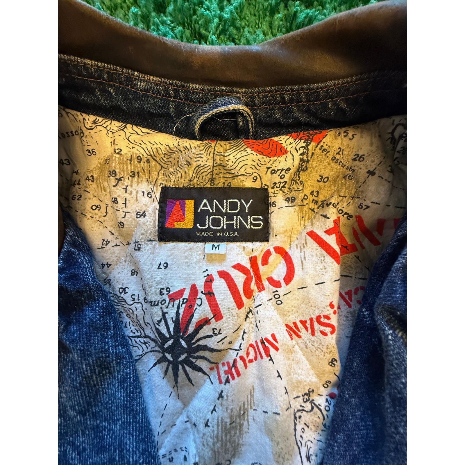 Andy Johns Denim Bomber Jacket Mens M Blue Excellent Acid Wash Leather Trim 80s