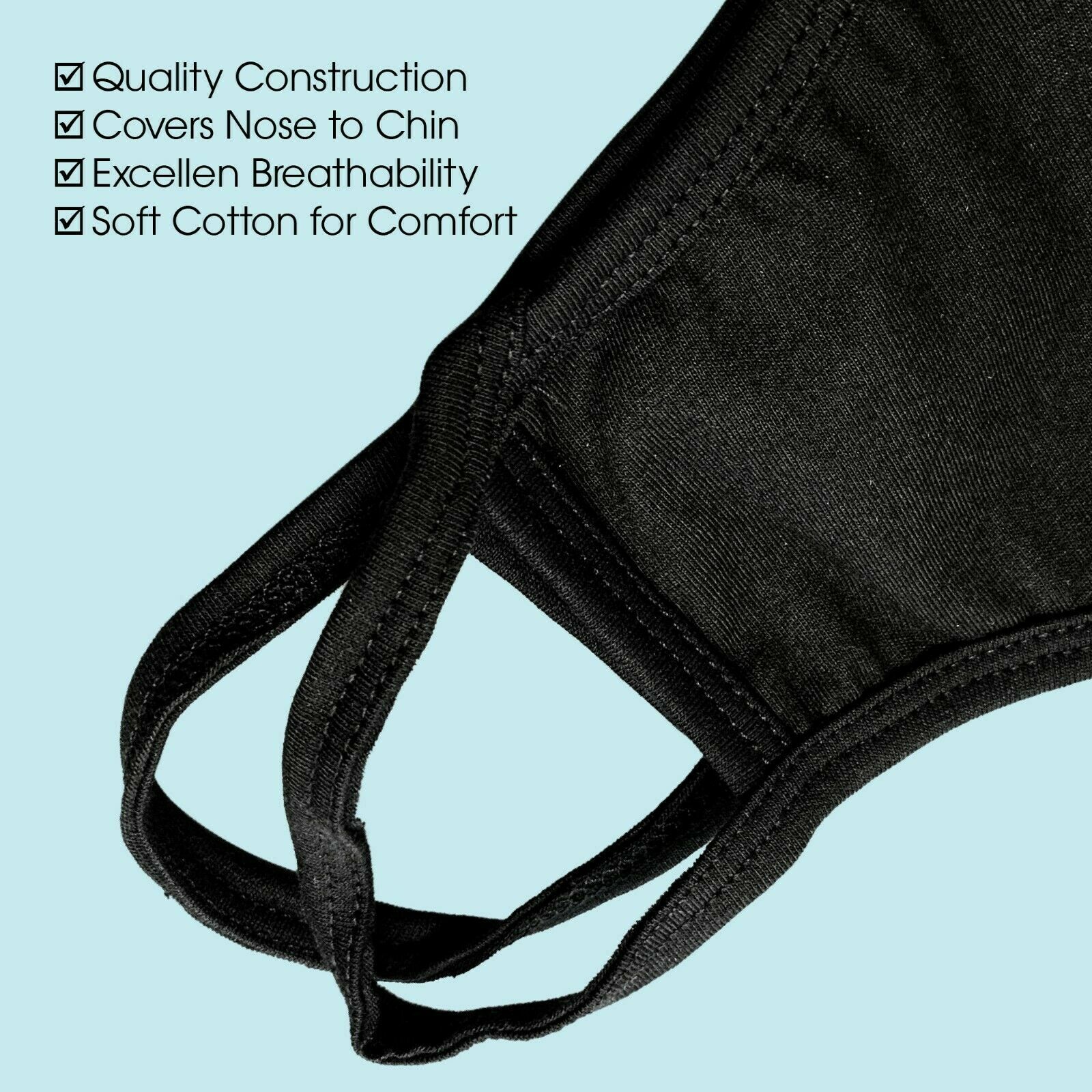 4 Pcs – Black 100% Cotton Three Layer Adult Face Mask – Reusable Washable Unisex