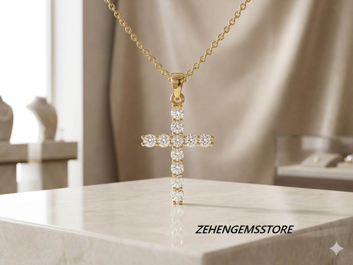 Lab created Sterling Silver Gold Plated Cross Pendant Necklace Cubic Zirconia CZ