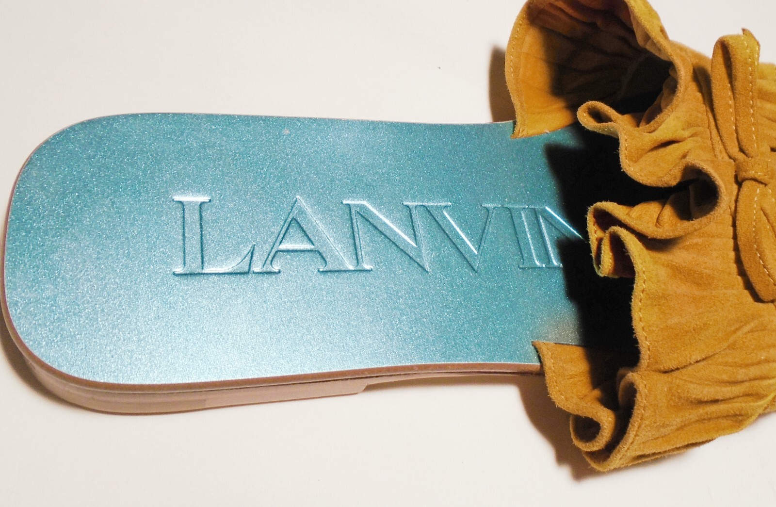 $725 NWT NEW Kipa LANVIN SLIDES/Mules/SHOES Tan SUEDE RUFFLE/Bow Size 36/5.5 US