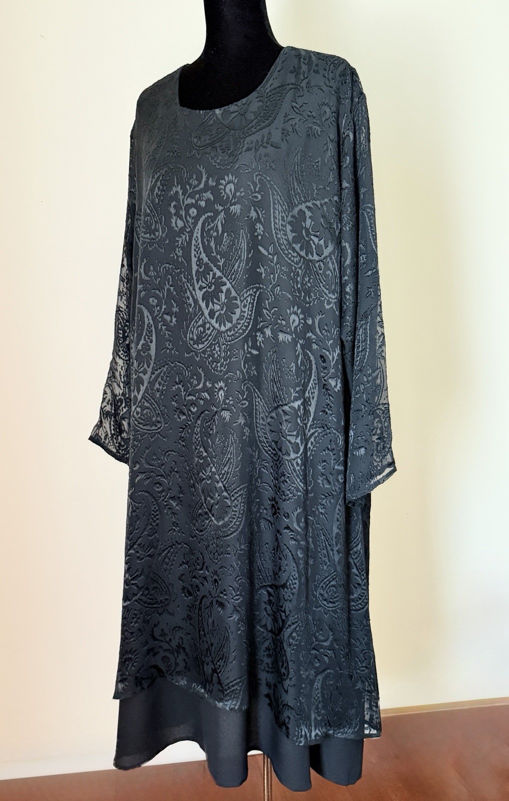 Eskandar Black Silk Blend Devore A-Line Dress Size 2 Oversized Layered