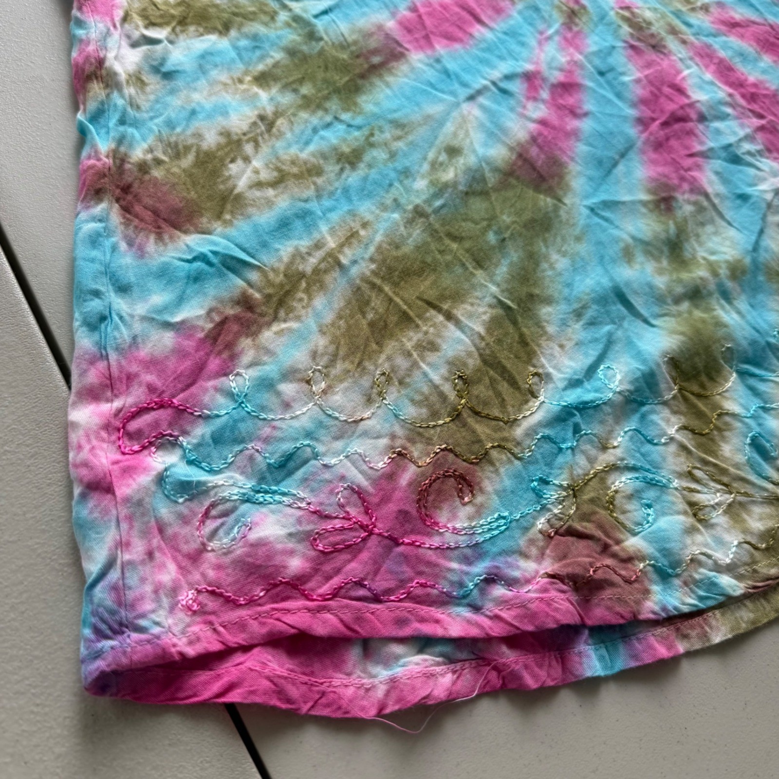 India Boutique One Size Pink Blue Green TieDye Embroider Halter Mini Dress Beach