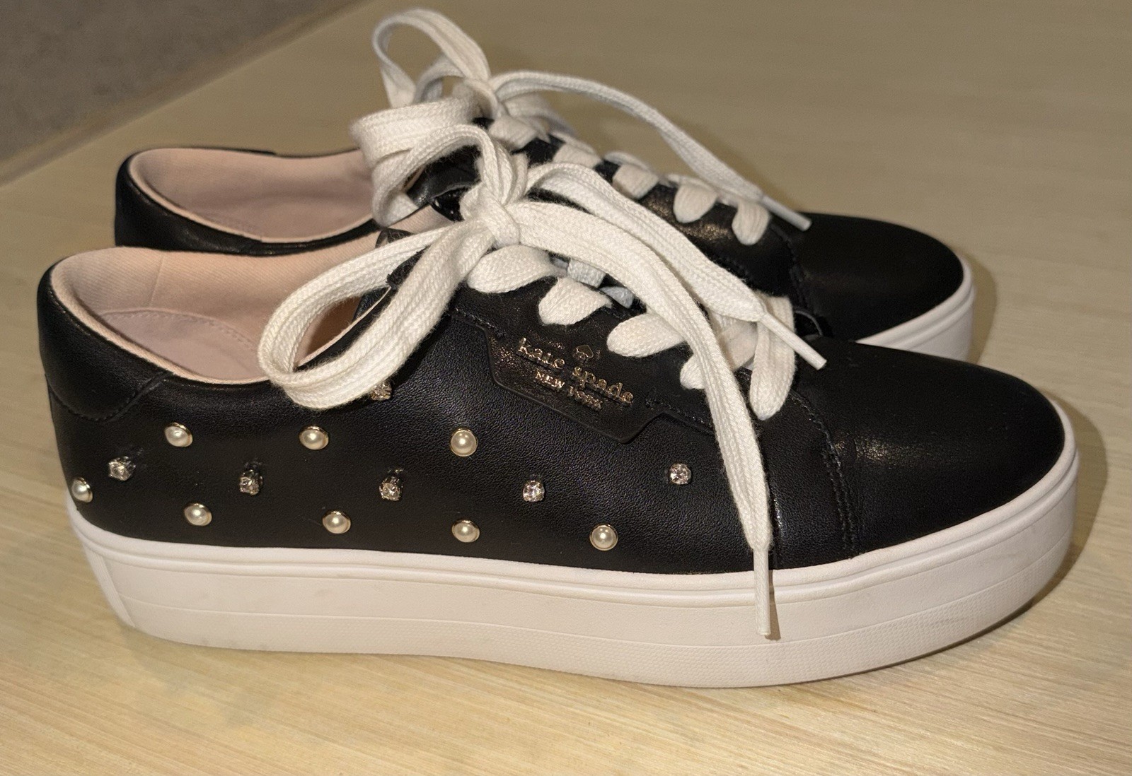 Kate Spade Selena Pearl Rhinestone Lace Up Sneakers Black Leather Women’s 9.5