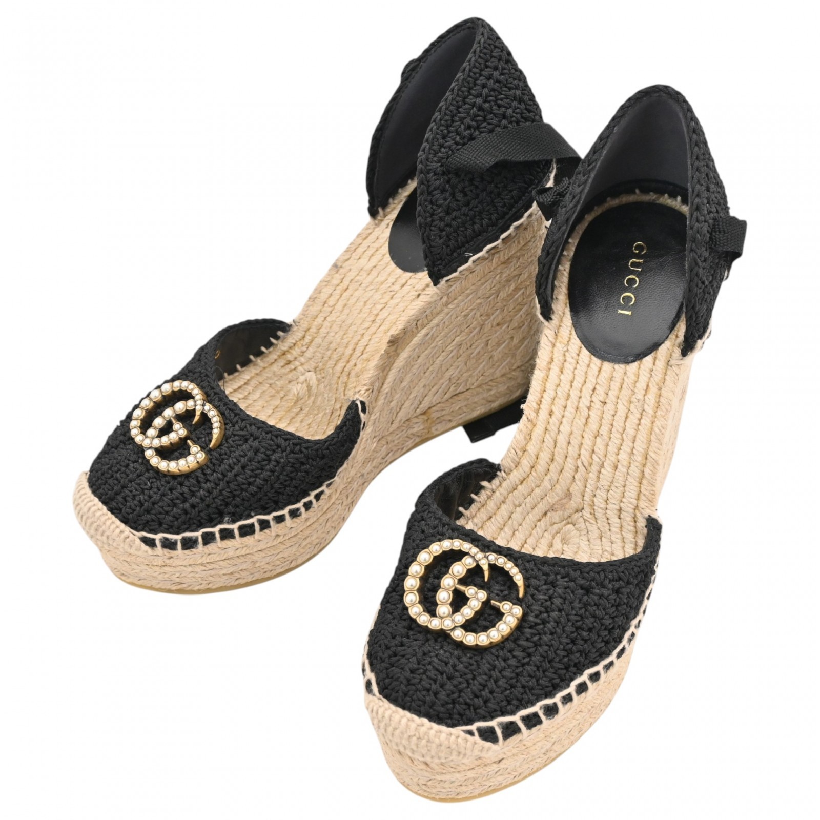 Auth GUCCI GG Marmont Espadrille Wedge Sole Sandals Black × Beige gu8934ns