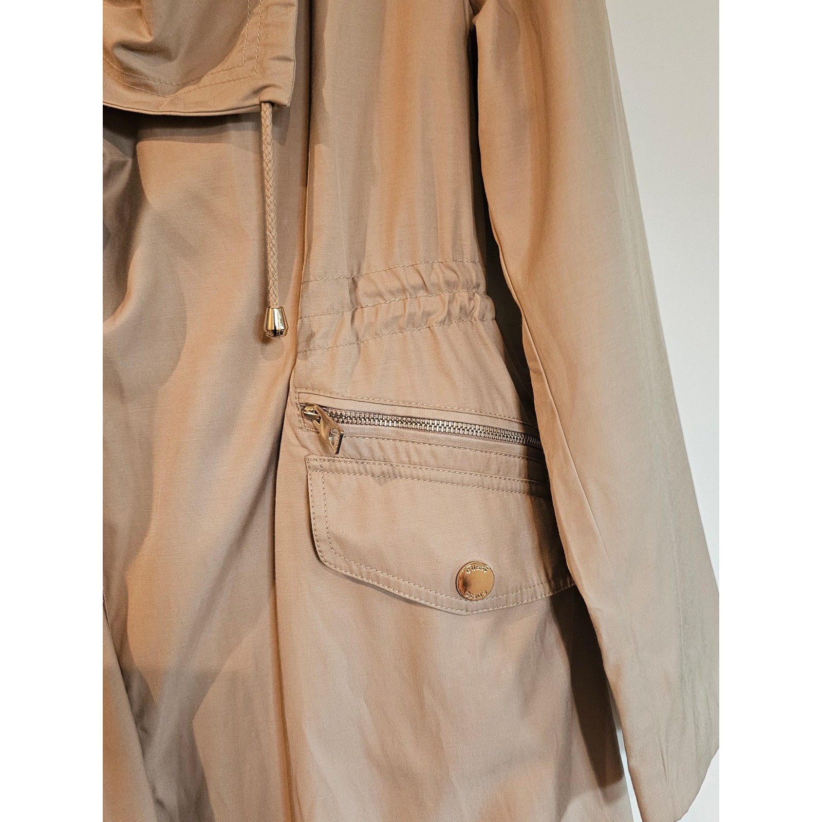 GUESS Los Angeles Womens Tan Draped Trench Jacket Drawstring Waist Beige Coat