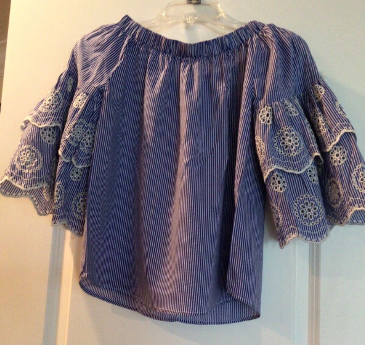 Rebellion Shirt Women Sm Embroidered Bell Sleeve Off the Shoulder Blouse Blue/wh