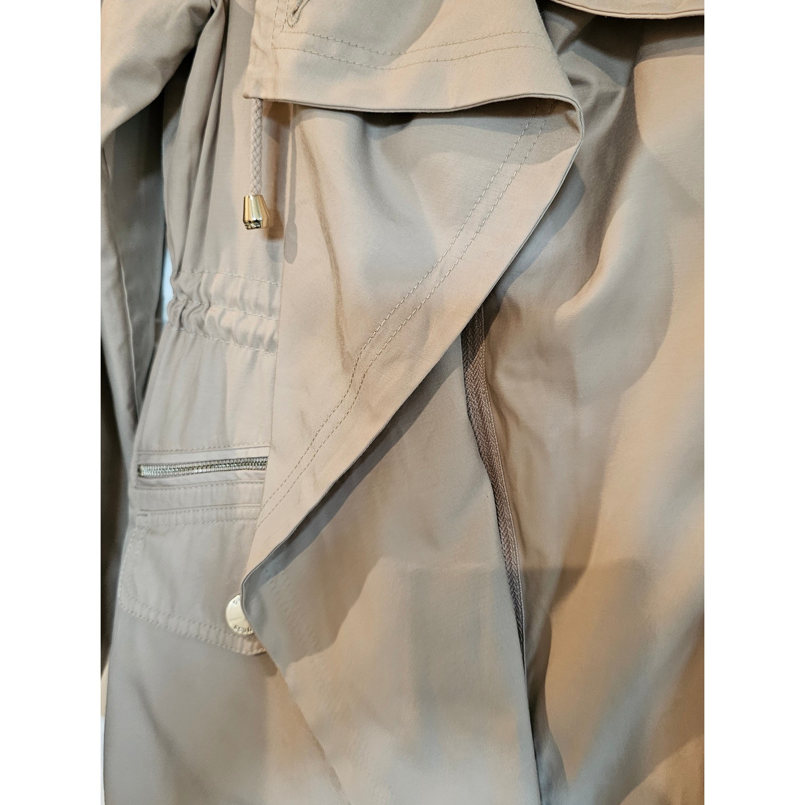 GUESS Los Angeles Womens Tan Draped Trench Jacket Drawstring Waist Beige Coat