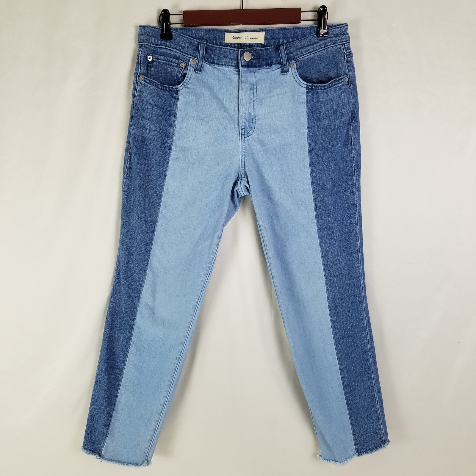 Gap 1969 Real Straight Jeans Blue Colorblock Light Wash Denim Womens Size 31R