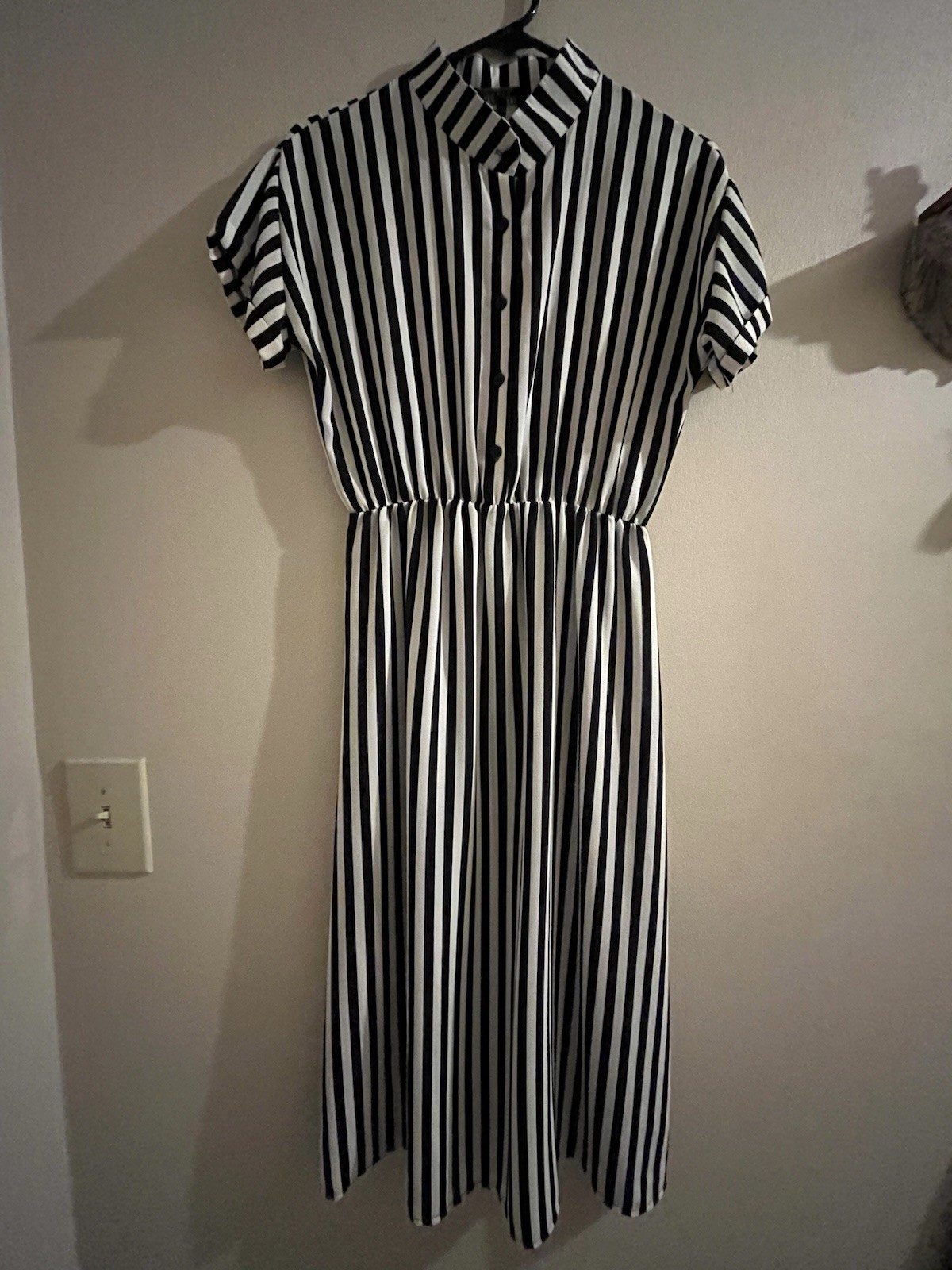 Boohoo Black White Striped Collared Button-Front Midi Shirt Dress Cap Sleeve 8