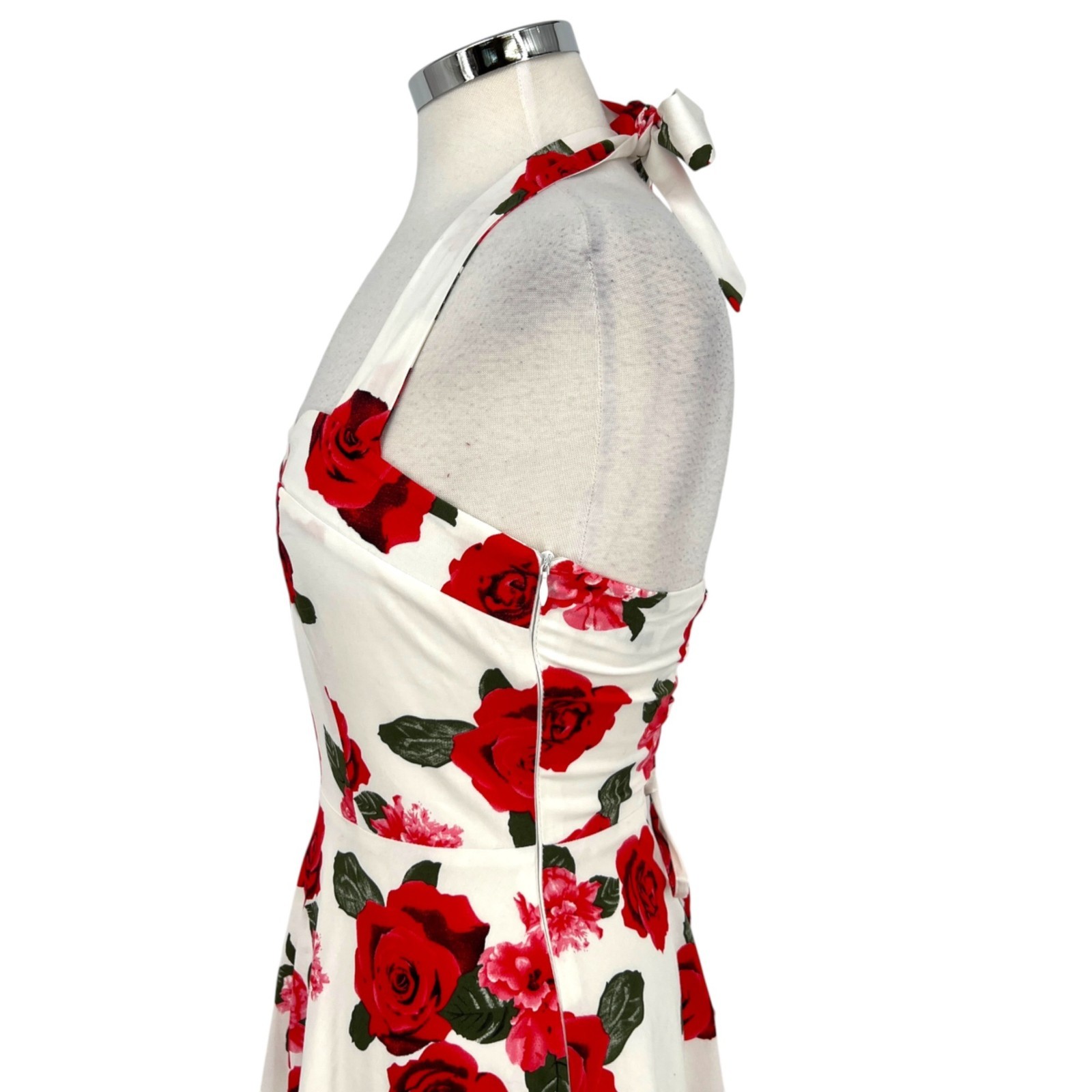 Top Dress Pin-up Retro 50s Rose Halter Swing Dress White Red Size Small