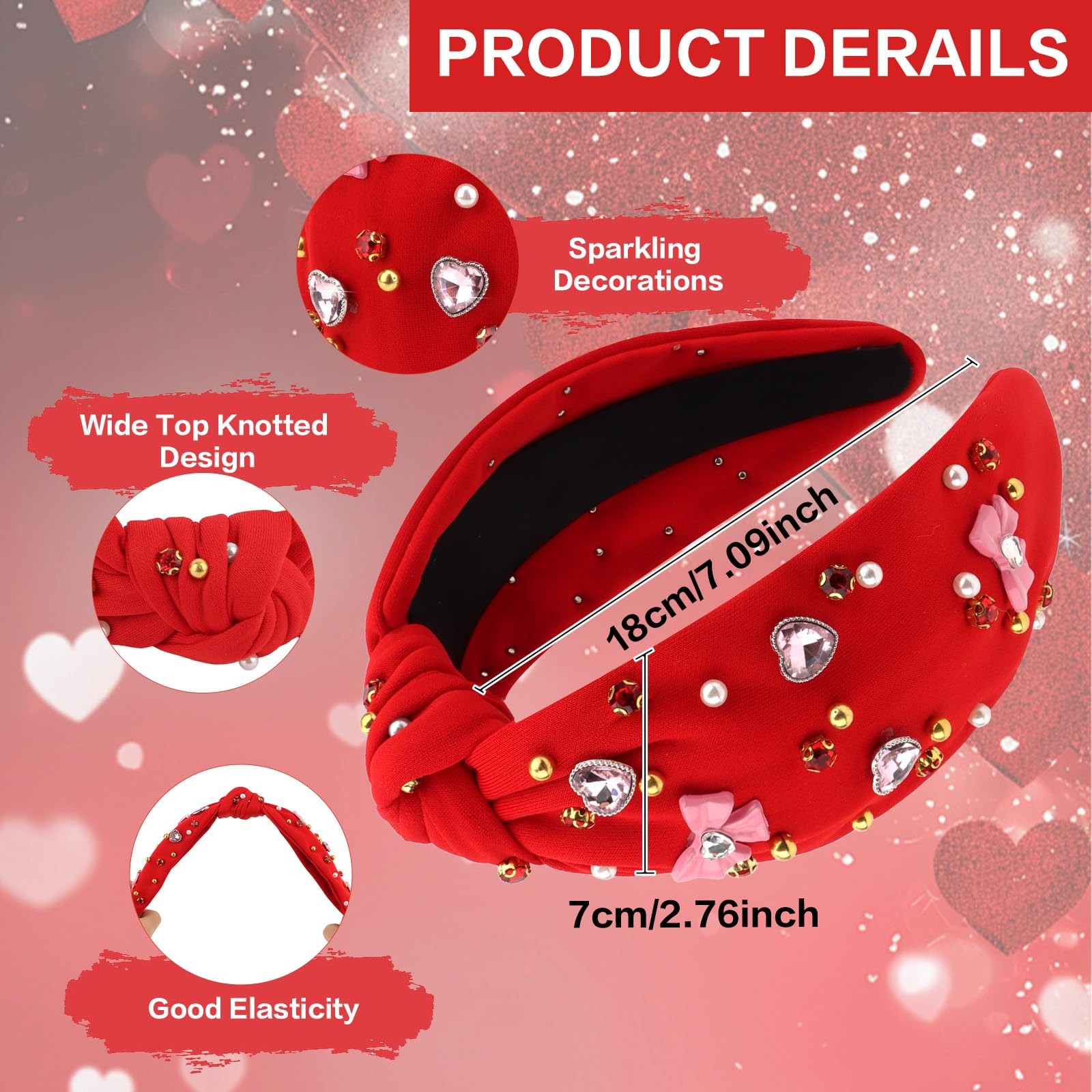 Red Valentine’s Day Knotted Bow Heart Rhinestone Pearl Headband Accessory