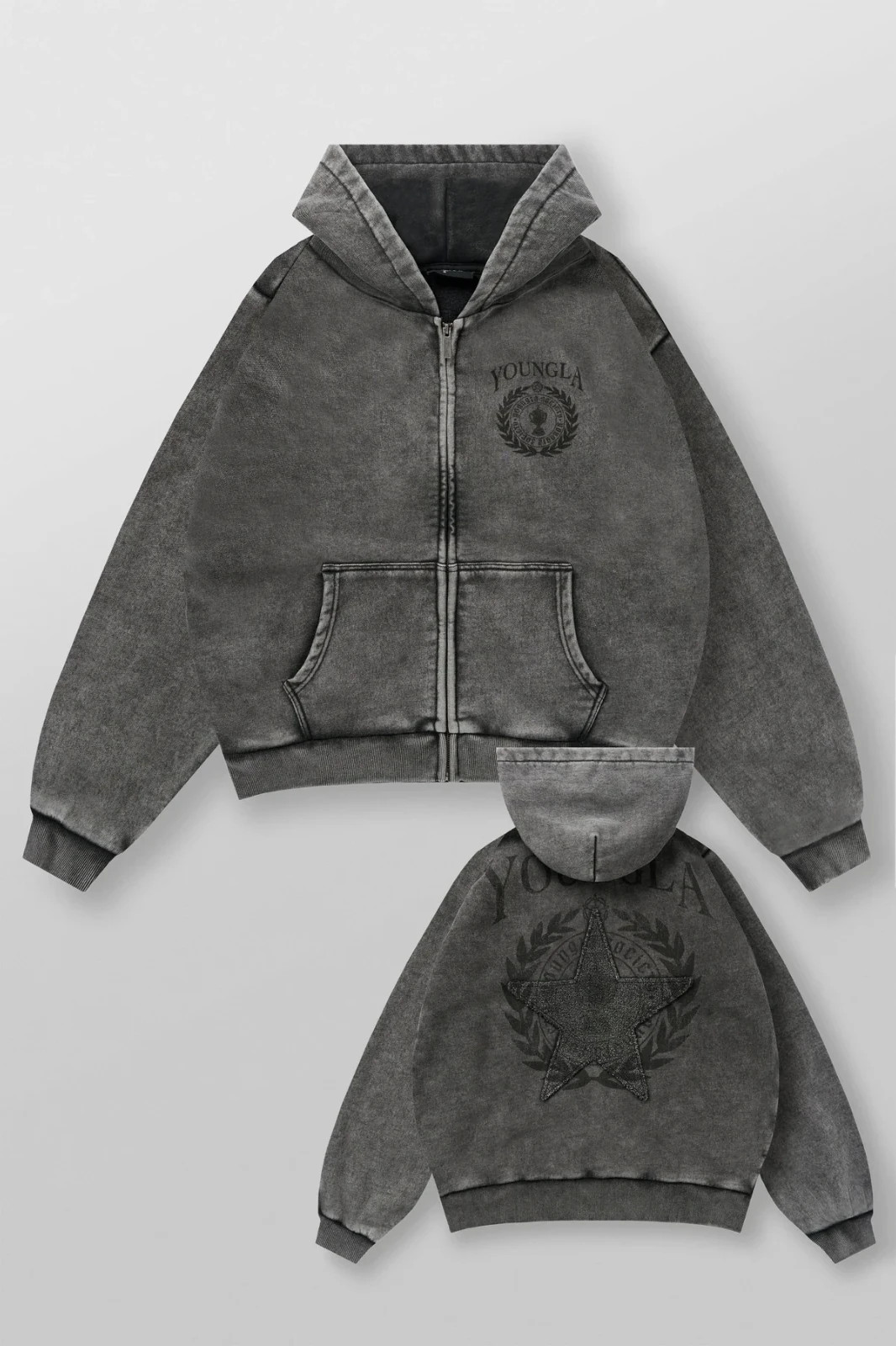 YoungLA – Mens Large Grey Wash- 5149 – Star Crest Hoodie- Sold Out! In hand!