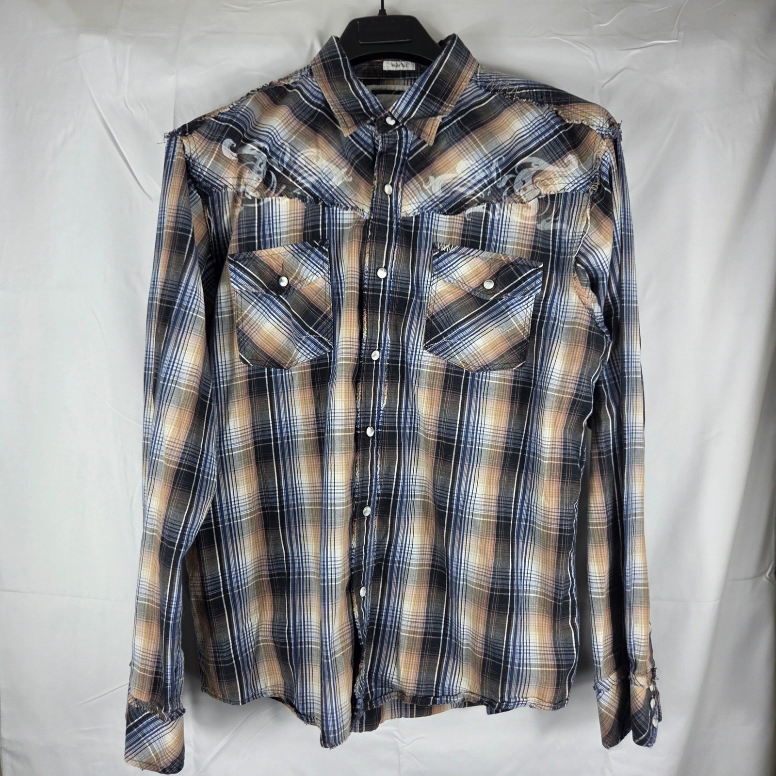BKE Slim Fit Mens Western Snap Shirt XL Plaid Distressed Embroidered Blue Tan