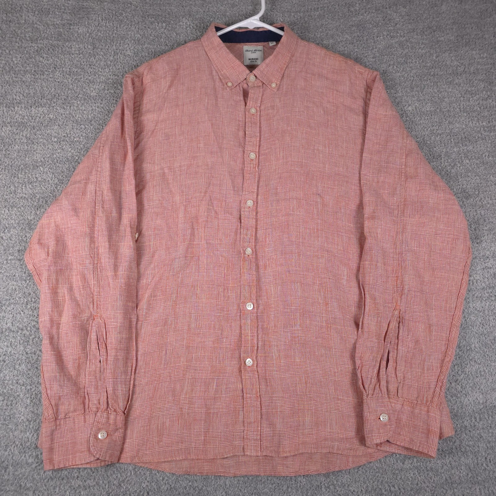 Murano Shirt Mens XL Orange Plaid Baird McNutt Linen Long Sleeve Button Up