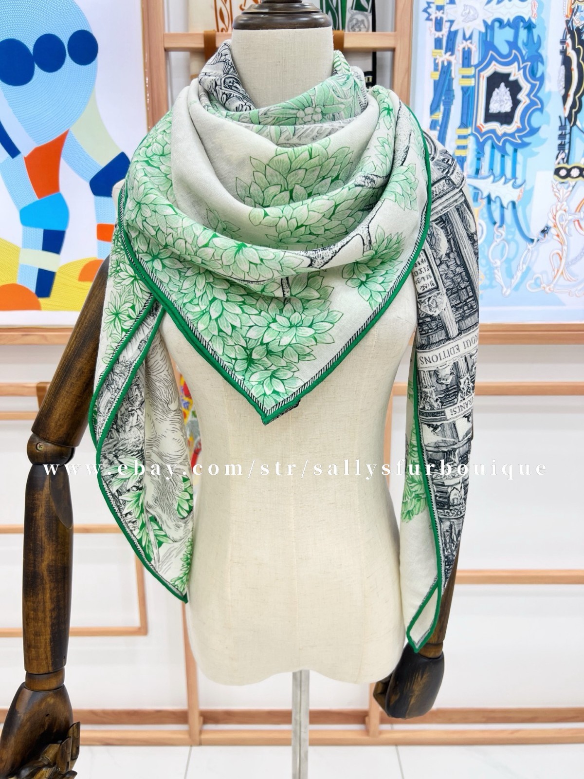 Sallys 70% Cashmere & 30% Silk Wrap Scarf Sanctuary Print 2 Face Shawl 53″ Green