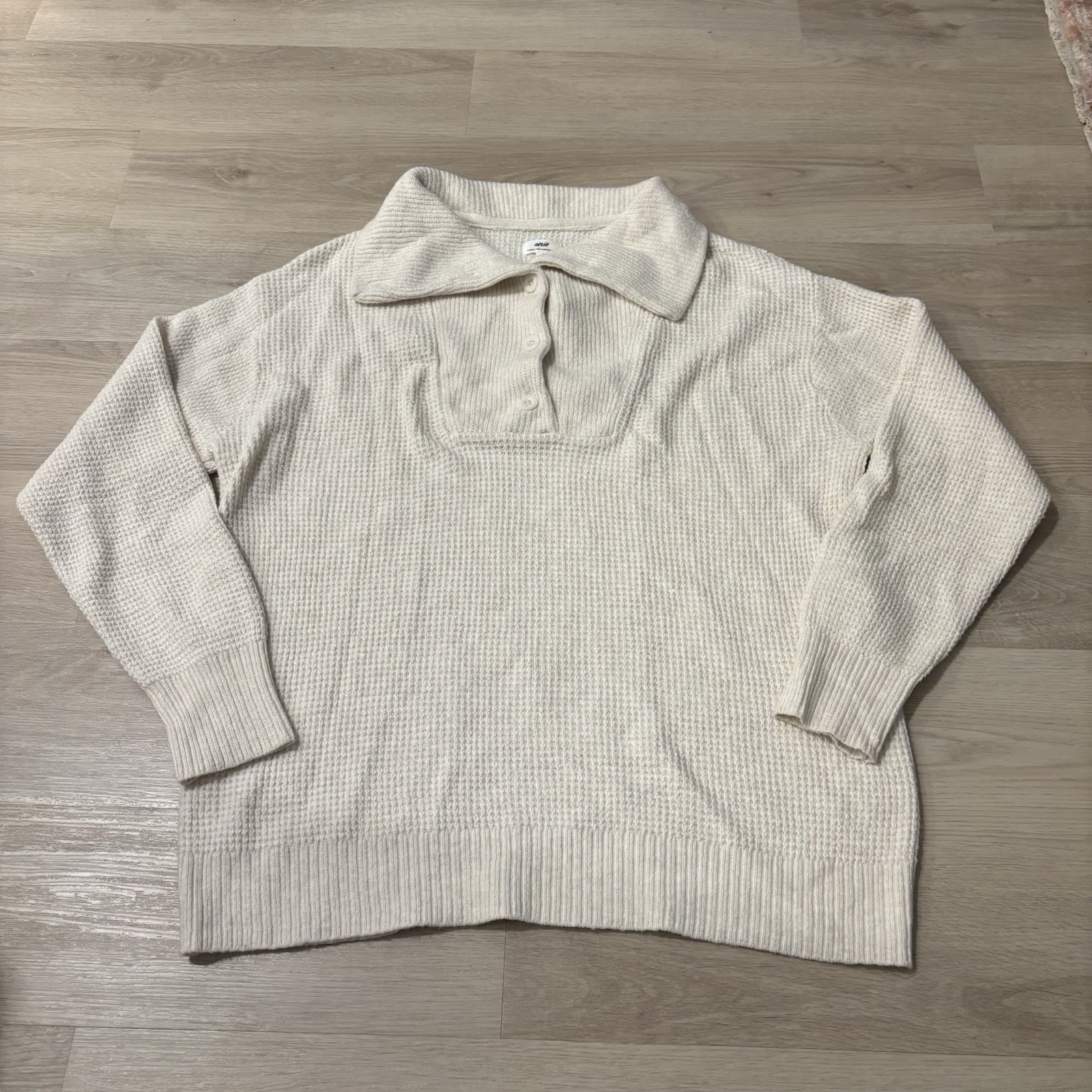 Aerie Sweater Women’s Medium Ivory Pullover Knit Collared Cotton Blend