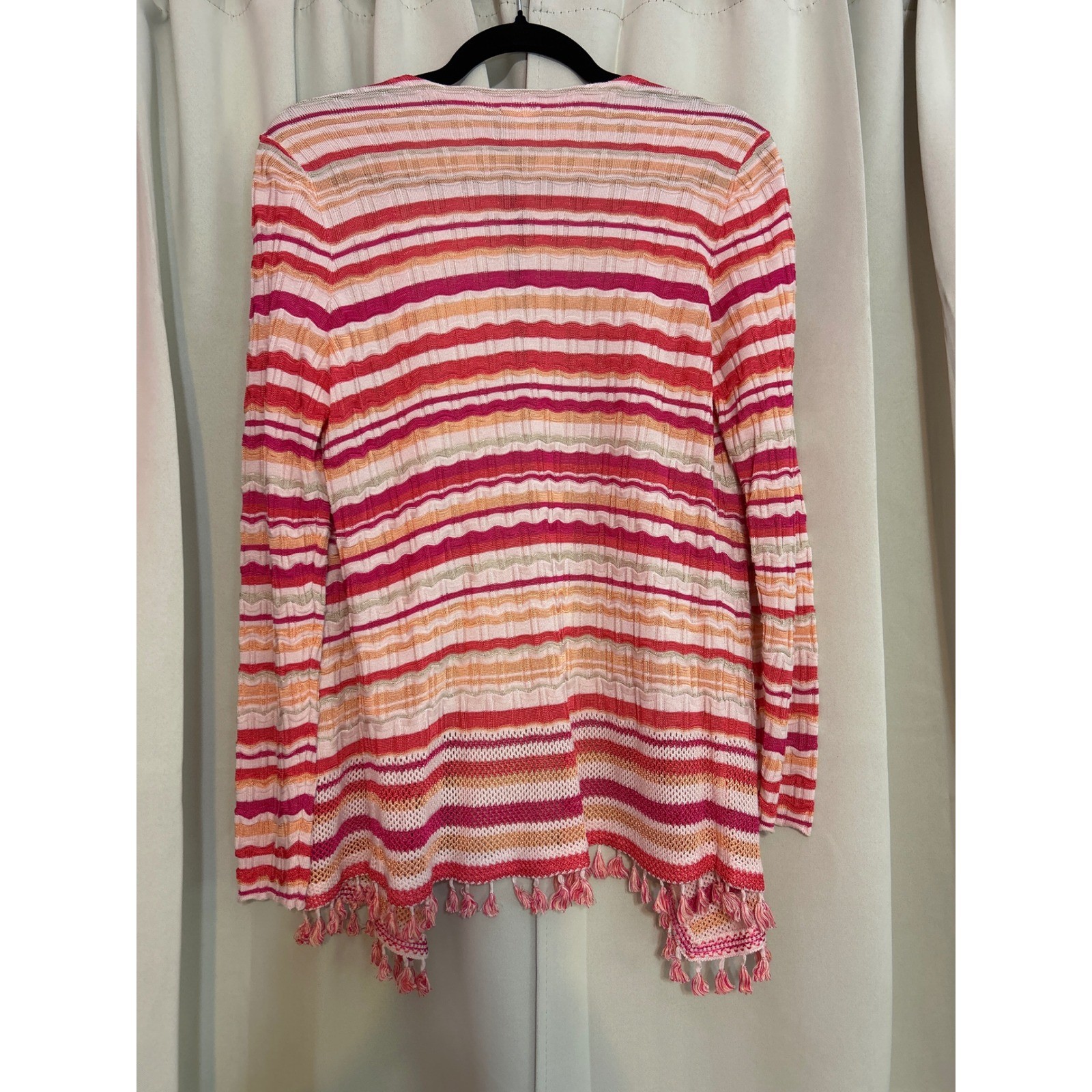 Chico’s Striped Open Front Cardigan Pink Orange Tassel Fringe Size 0 Small